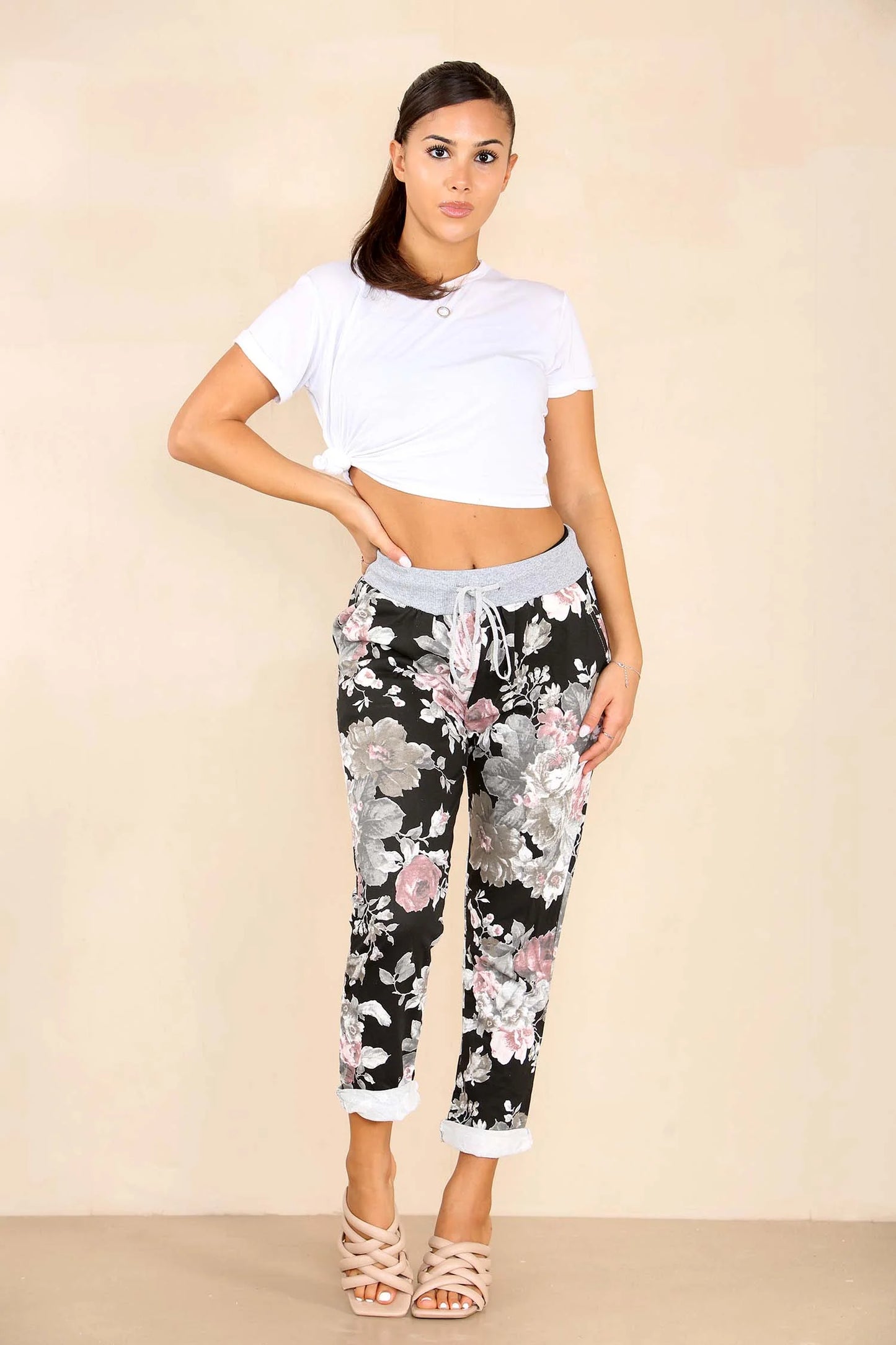 Italian Floral Print Drawstring Cotton Joggers