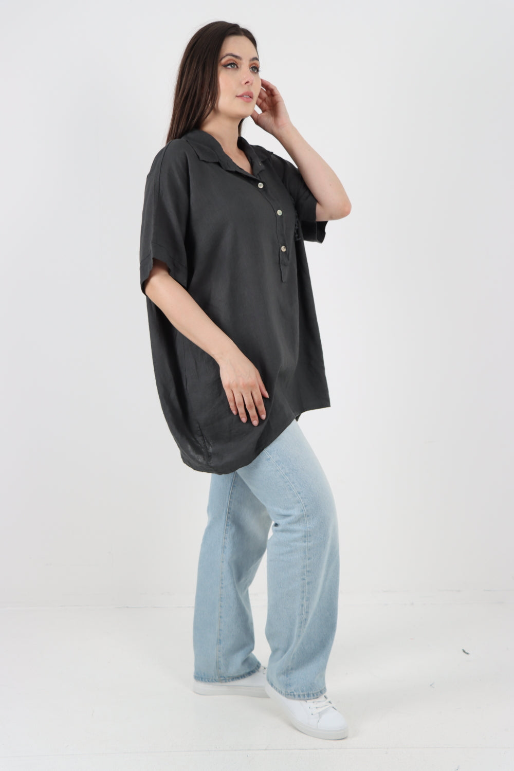 ITALIAN MESH NET POCKET COLLARED NECK LINEN TUNIC TOP