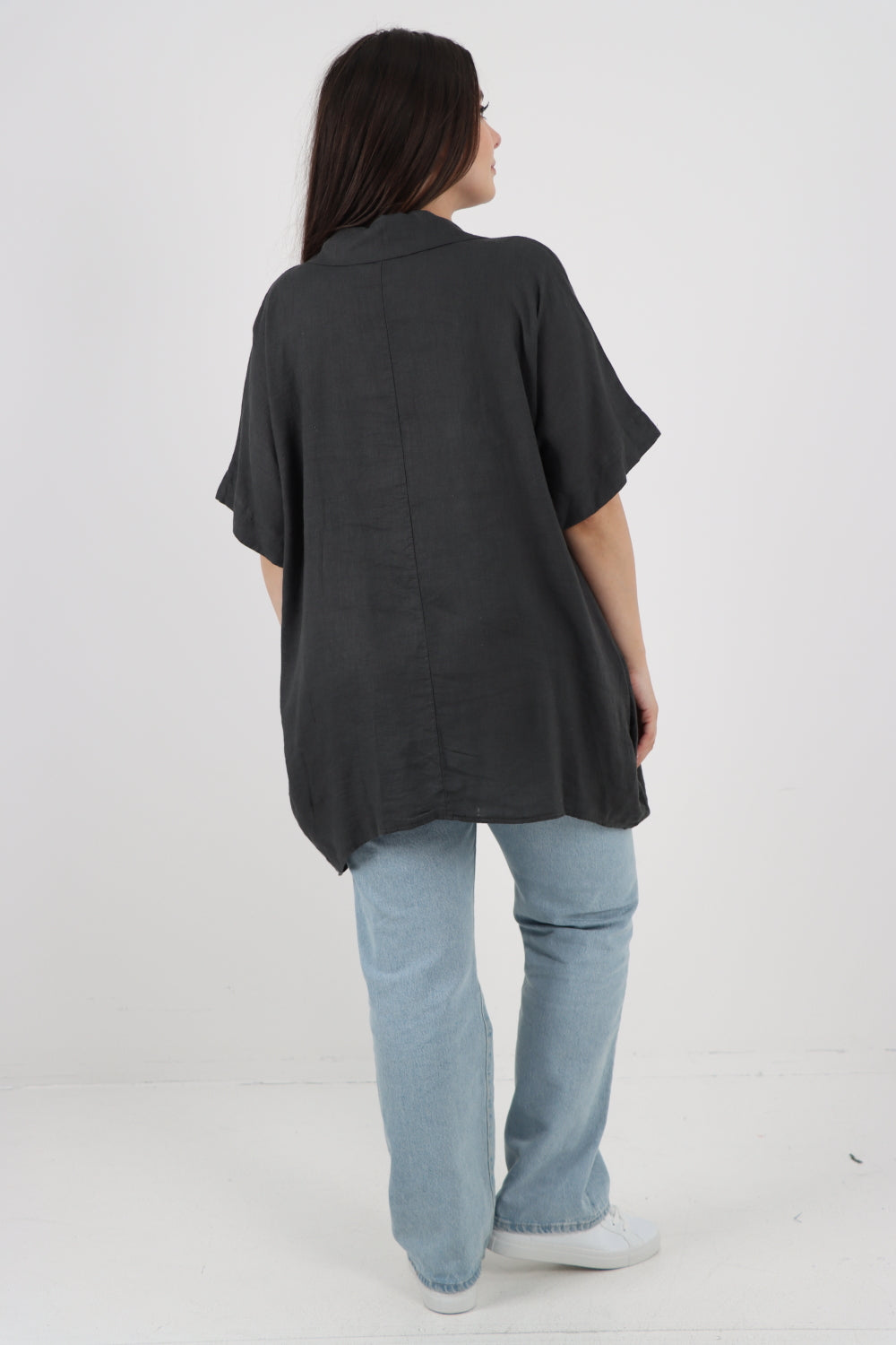 ITALIAN MESH NET POCKET COLLARED NECK LINEN TUNIC TOP