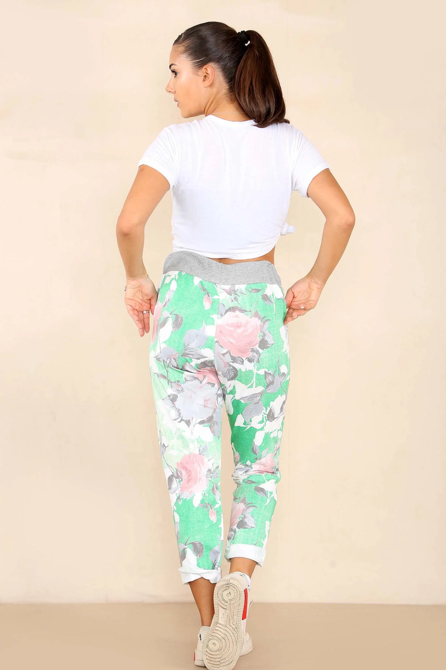 Italian Rose Flower Print Drawstring Cotton Joggers
