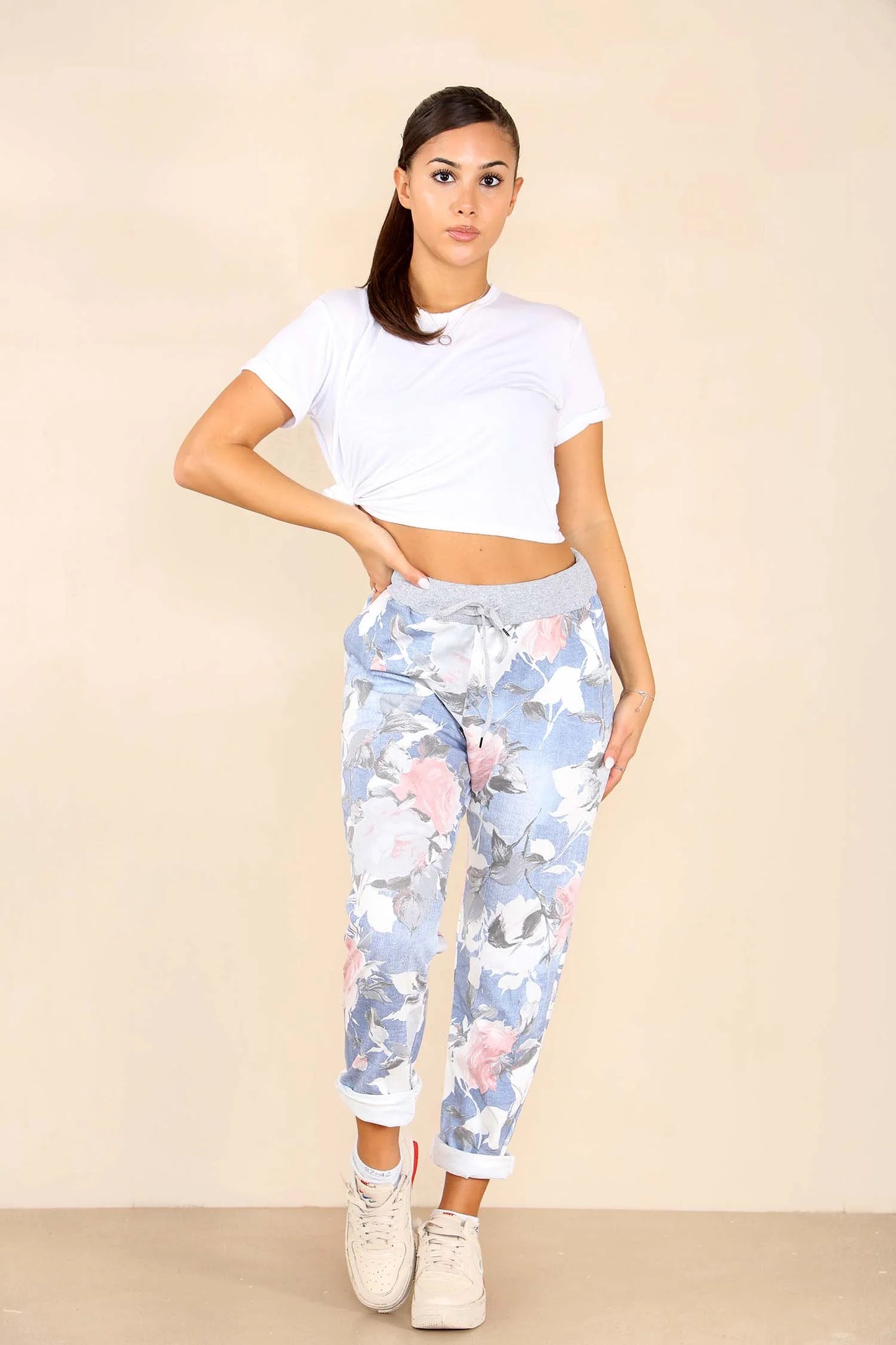 Italian Rose Flower Print Drawstring Cotton Joggers