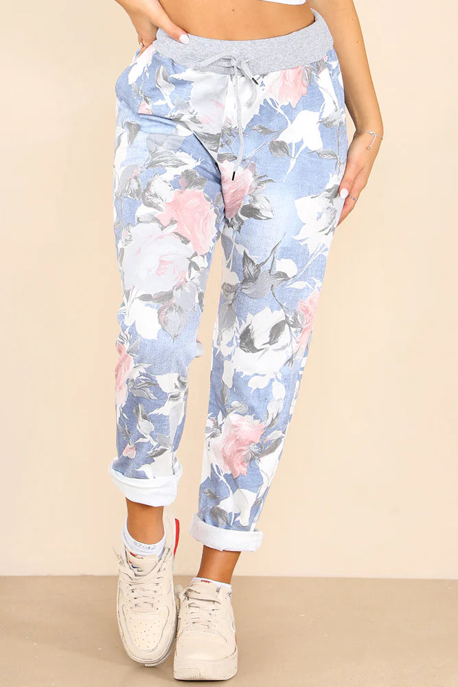 Italian Rose Flower Print Drawstring Cotton Joggers