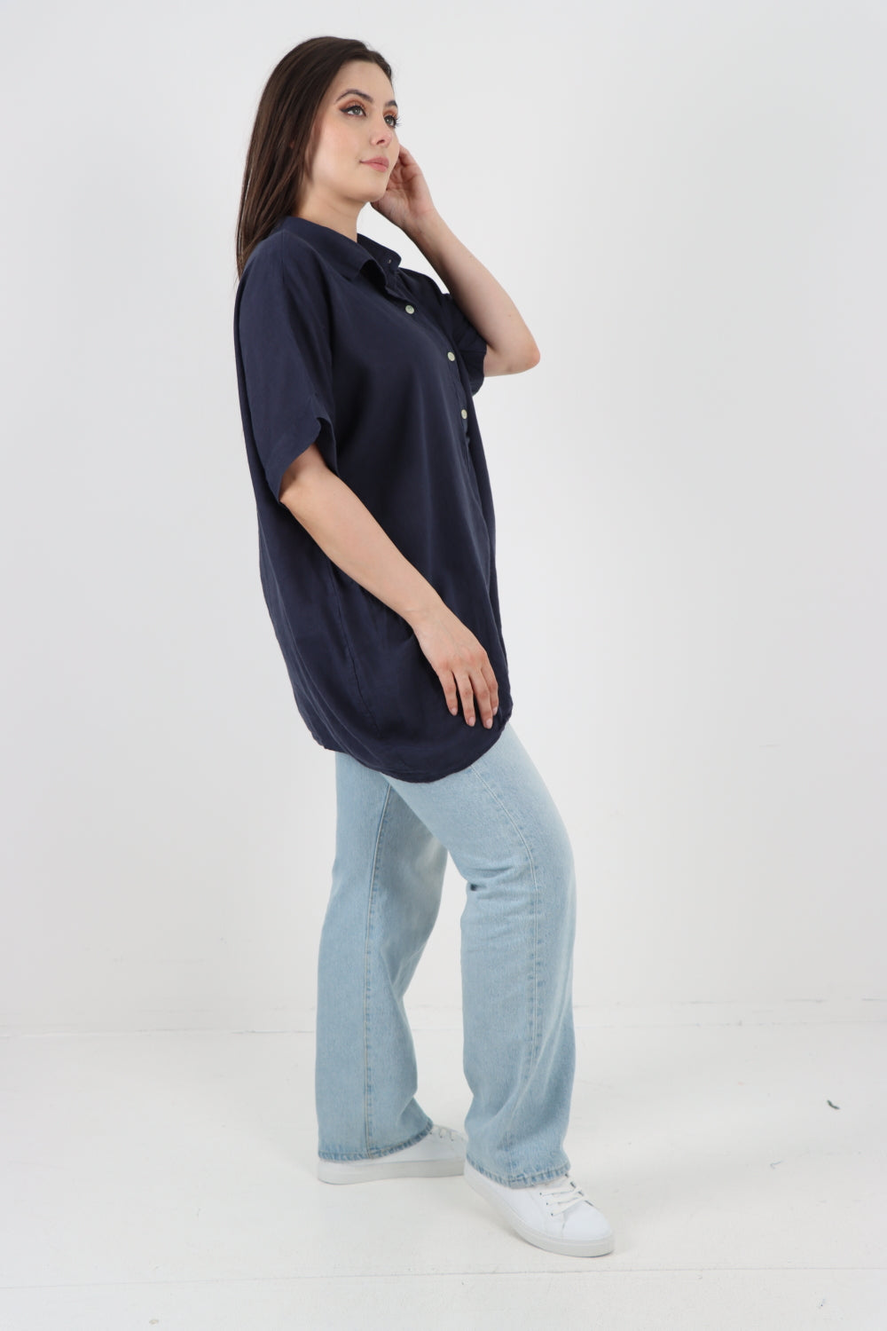ITALIAN MESH NET POCKET COLLARED NECK LINEN TUNIC TOP