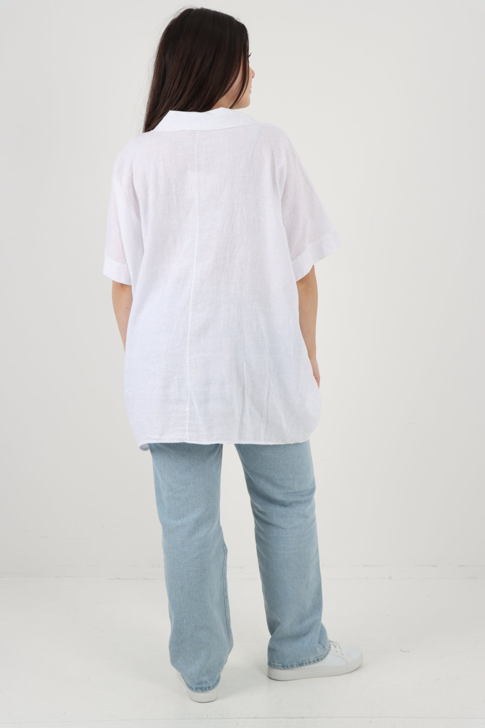 ITALIAN MESH NET POCKET COLLARED NECK LINEN TUNIC TOP