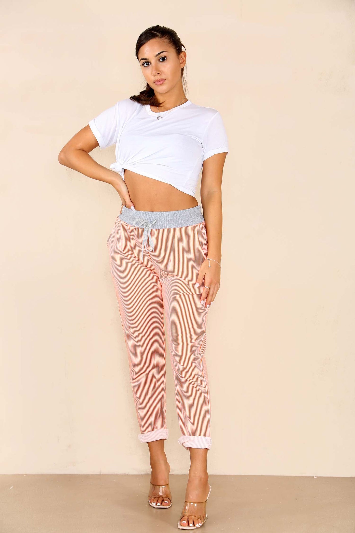 Italian Thin Stripes Print Drawstring Cotton Joggers