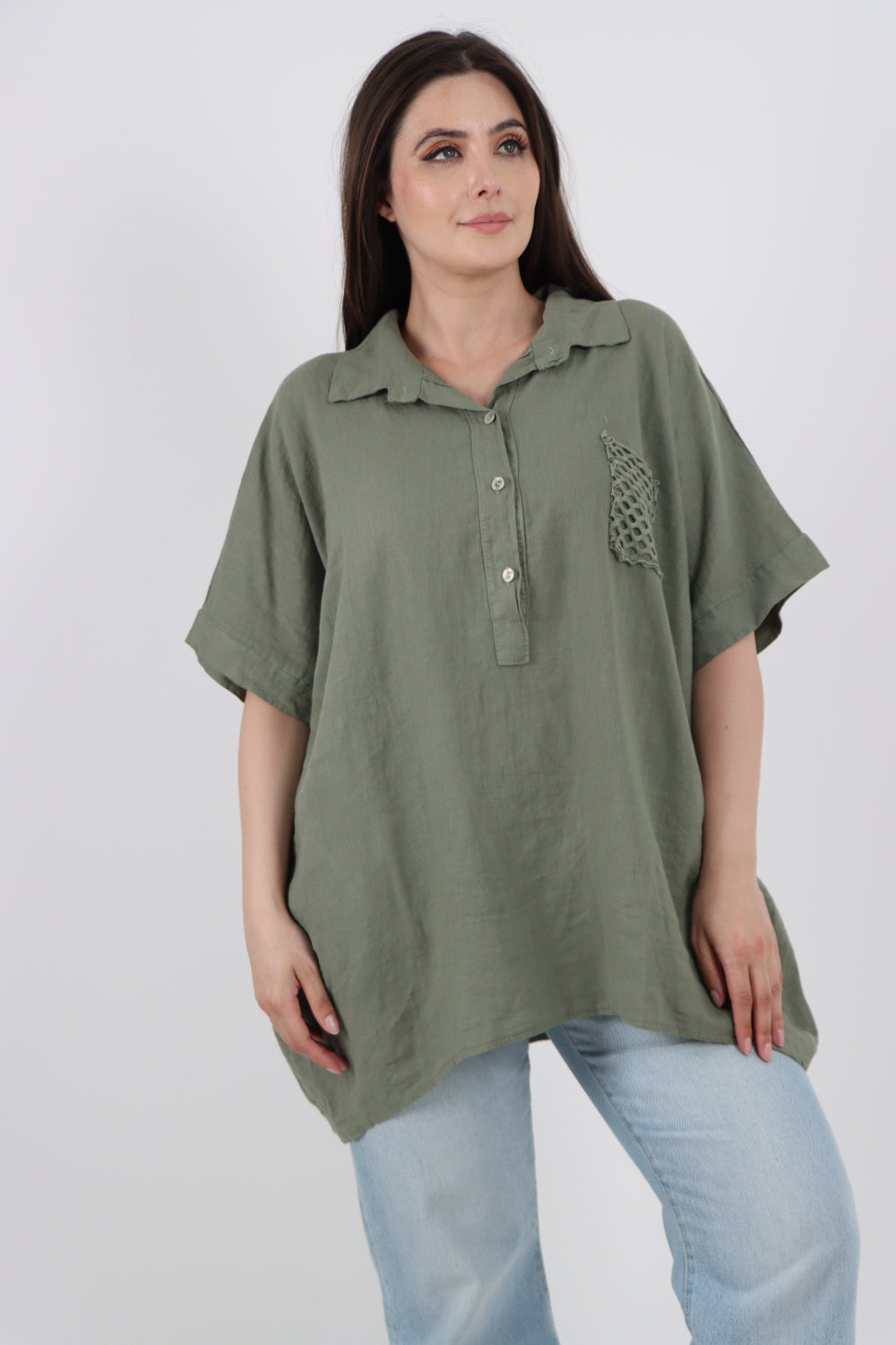 ITALIAN MESH NET POCKET COLLARED NECK LINEN TUNIC TOP