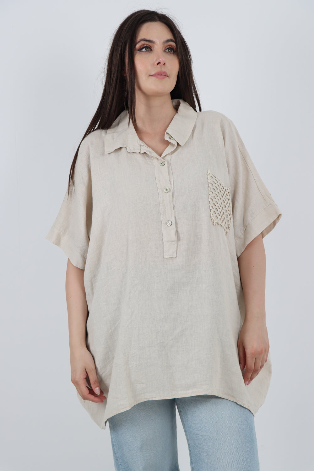 ITALIAN MESH NET POCKET COLLARED NECK LINEN TUNIC TOP