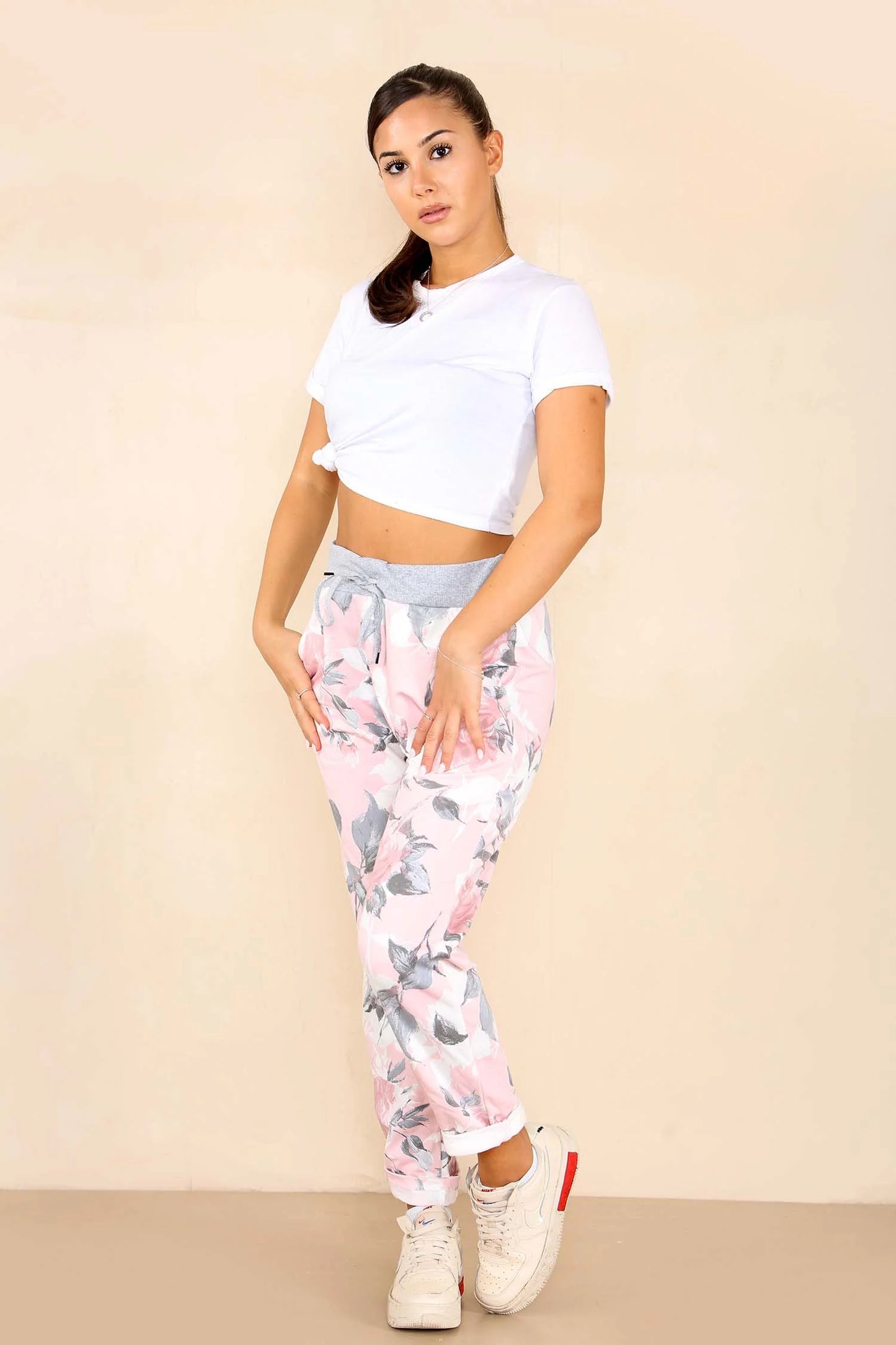 Italian Rose Flower Print Drawstring Cotton Joggers