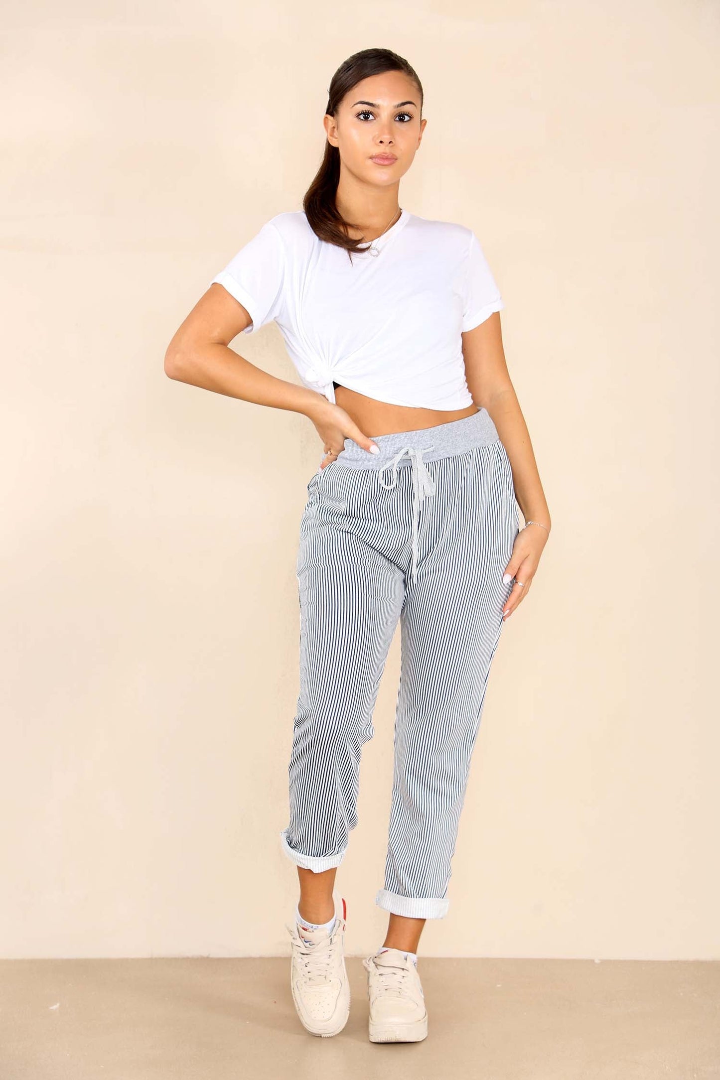 Italian Thin Stripes Print Drawstring Cotton Joggers