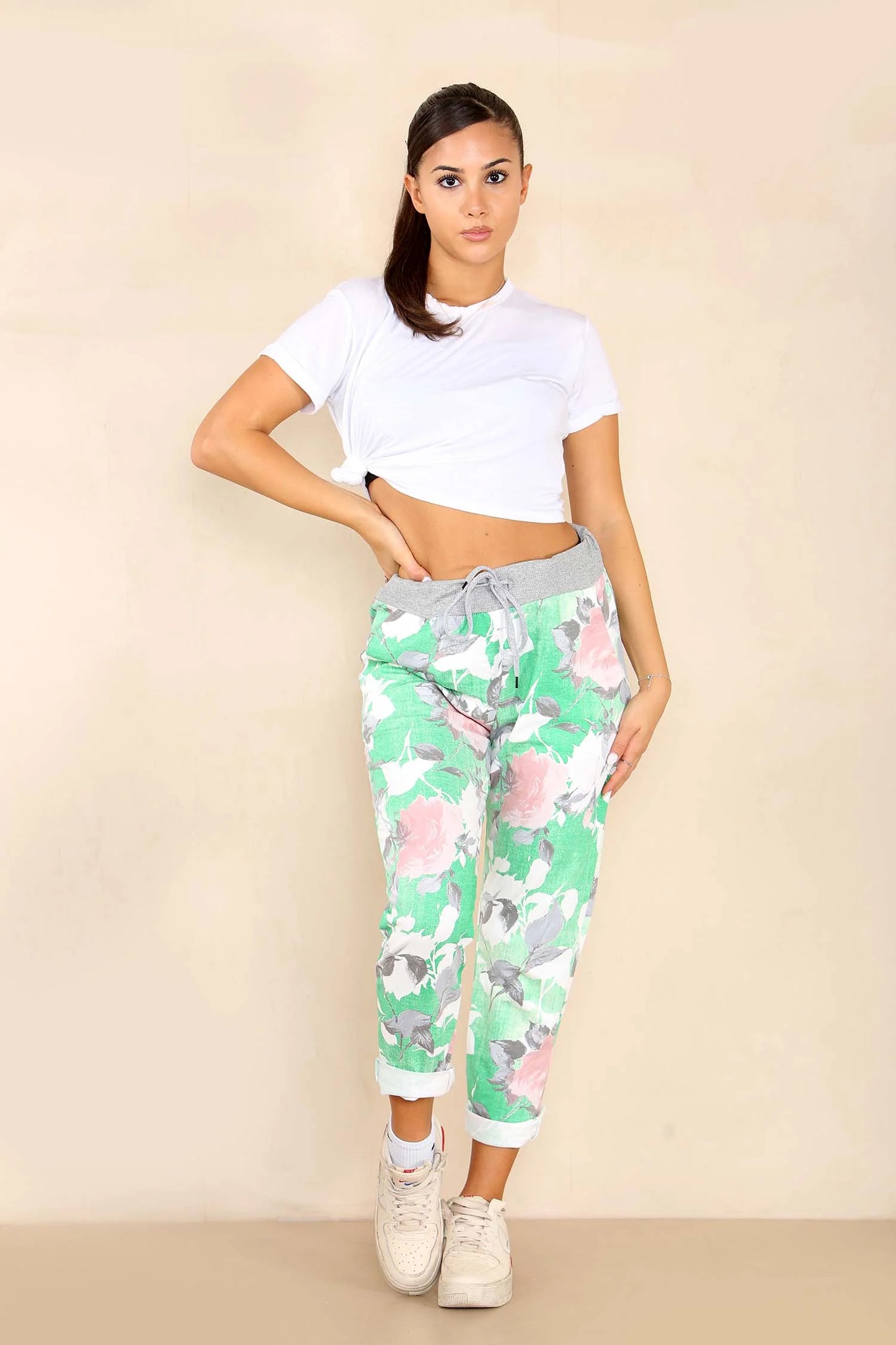 Italian Rose Flower Print Drawstring Cotton Joggers