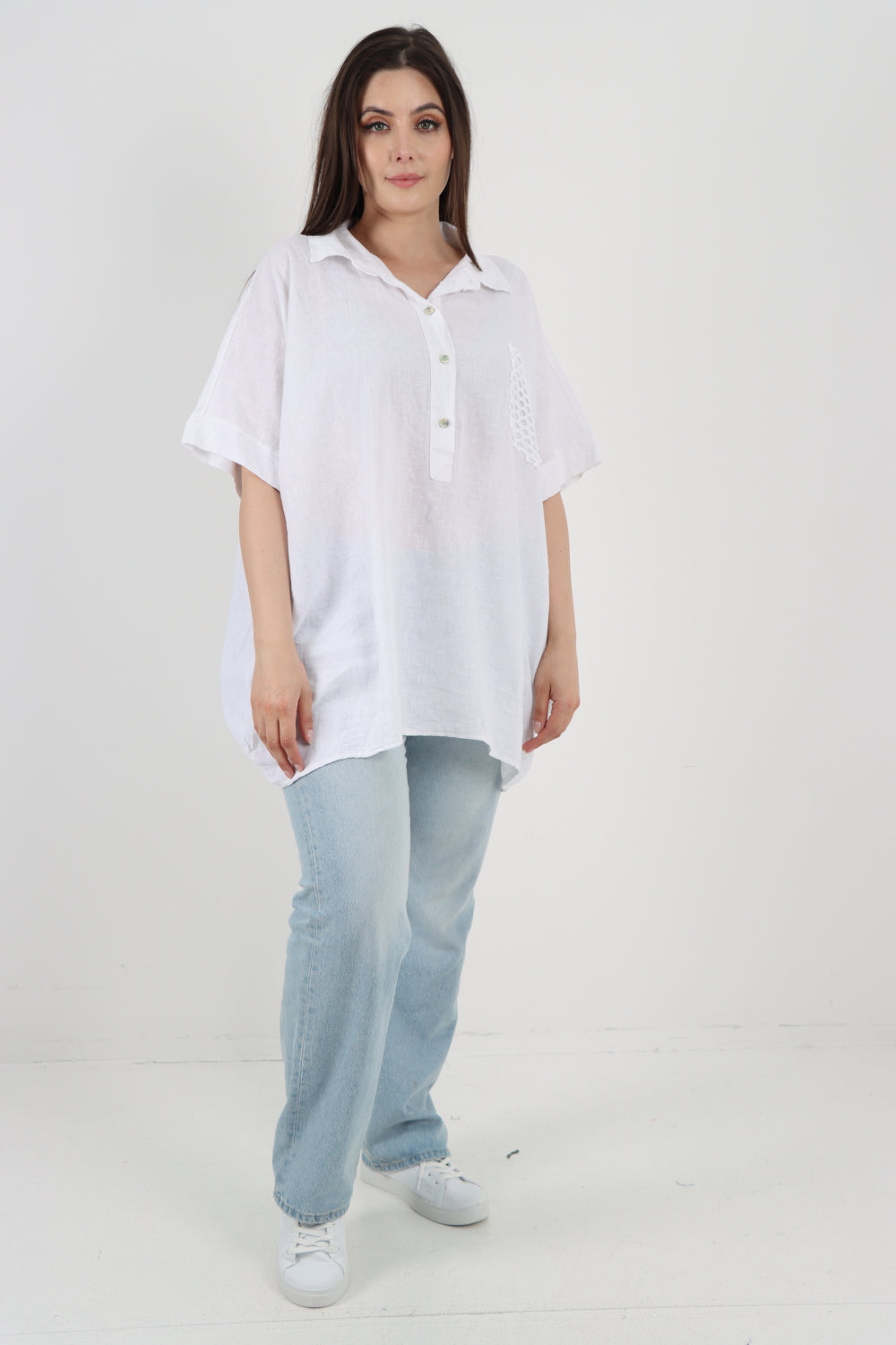 ITALIAN MESH NET POCKET COLLARED NECK LINEN TUNIC TOP