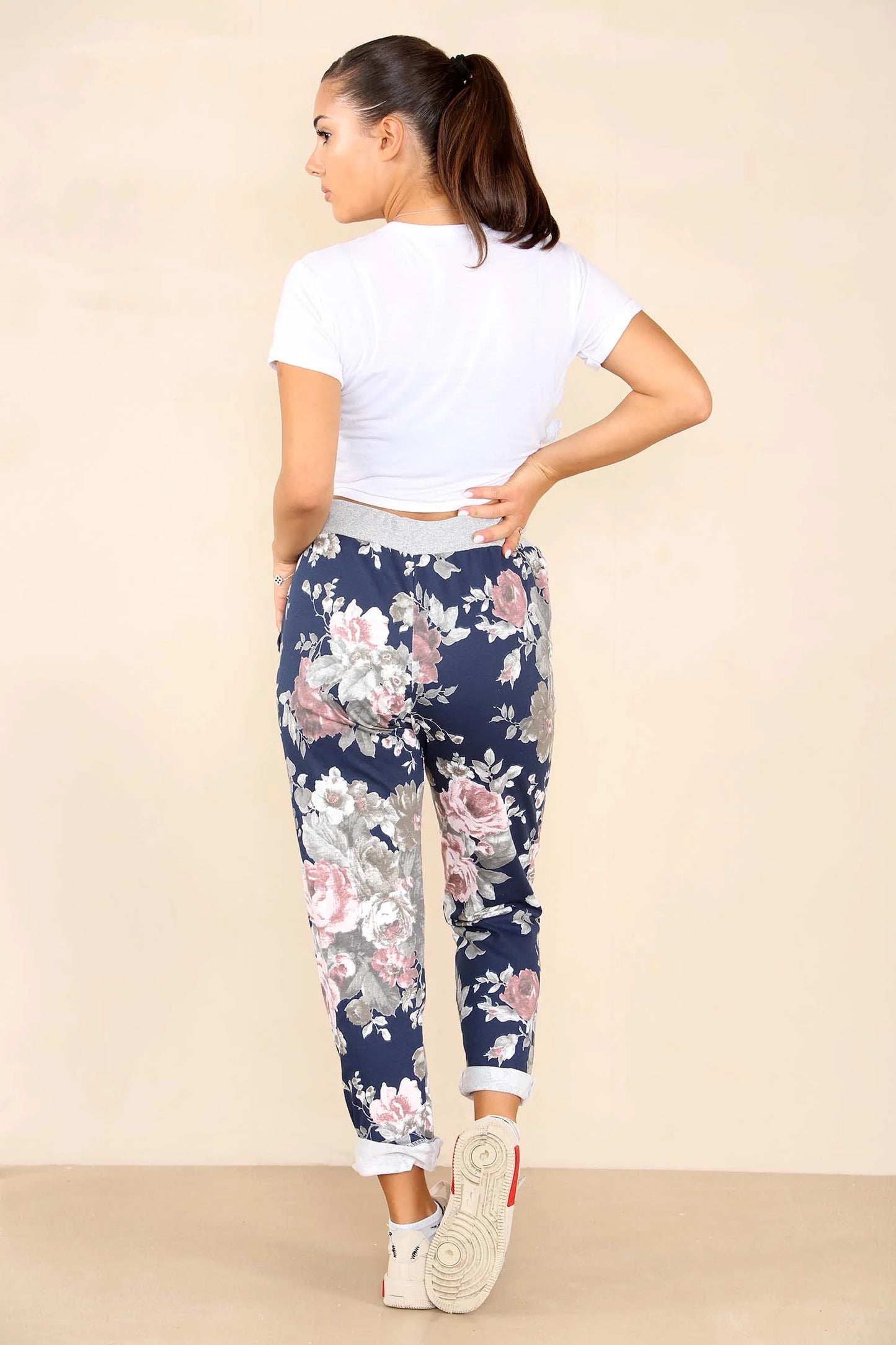Italian Floral Print Drawstring Cotton Joggers