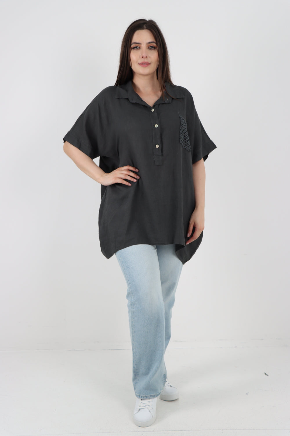 ITALIAN MESH NET POCKET COLLARED NECK LINEN TUNIC TOP