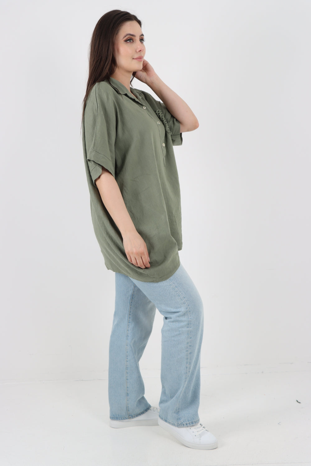 ITALIAN MESH NET POCKET COLLARED NECK LINEN TUNIC TOP
