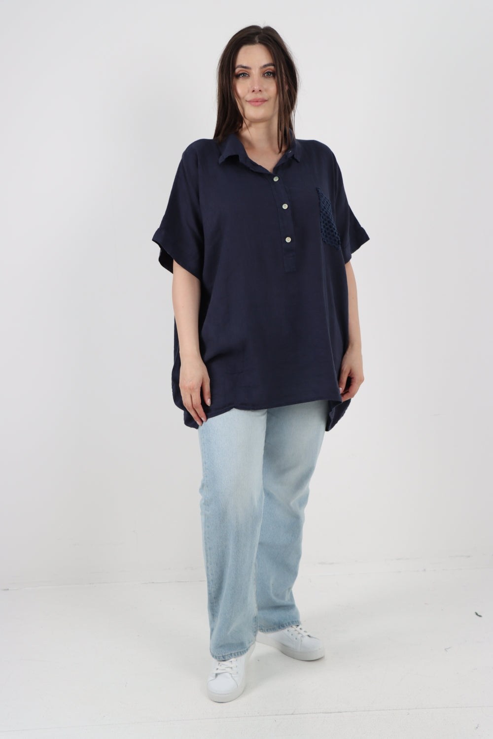 ITALIAN MESH NET POCKET COLLARED NECK LINEN TUNIC TOP