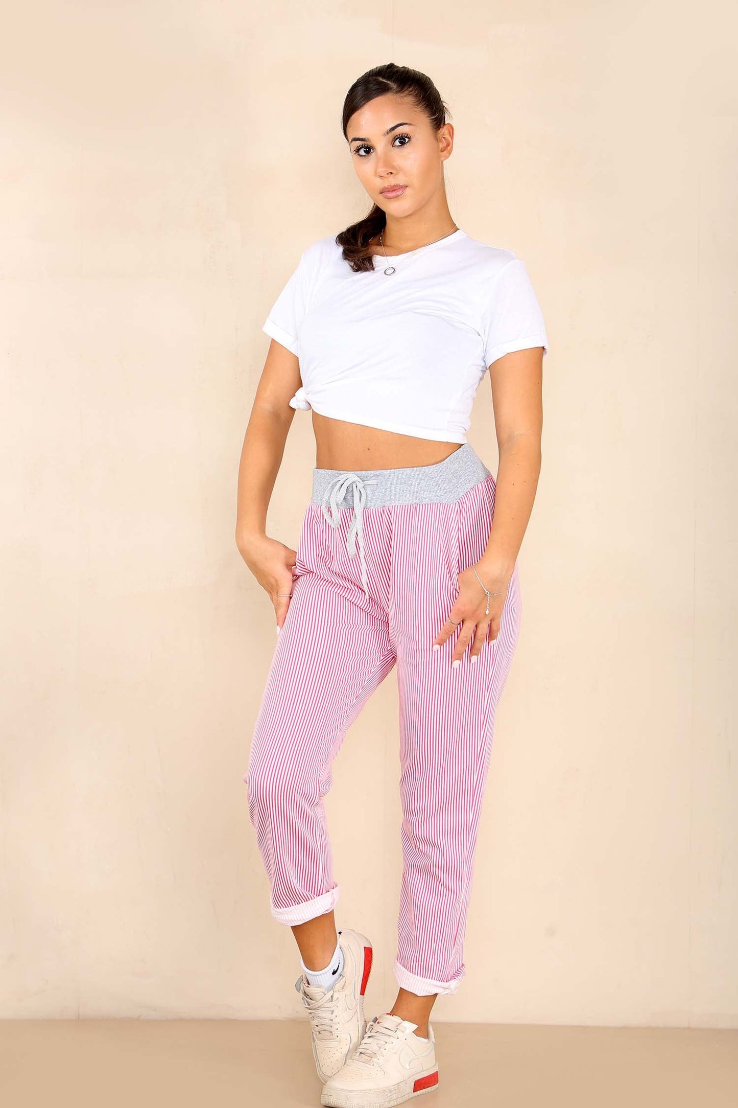 Italian Thin Stripes Print Drawstring Cotton Joggers