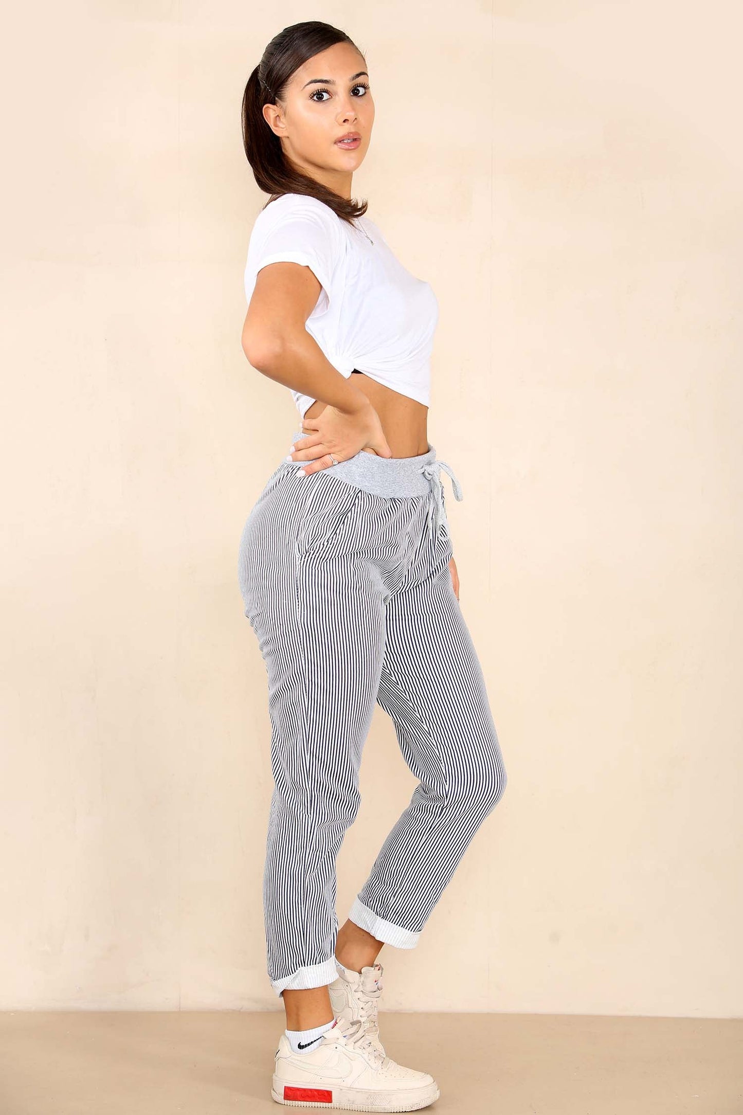 Italian Thin Stripes Print Drawstring Cotton Joggers