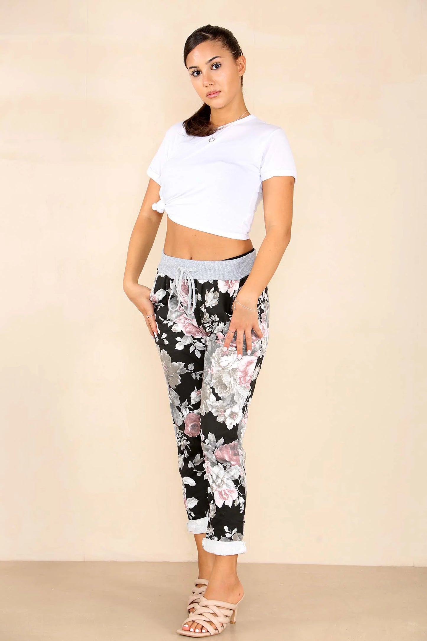 Italian Floral Print Drawstring Cotton Joggers