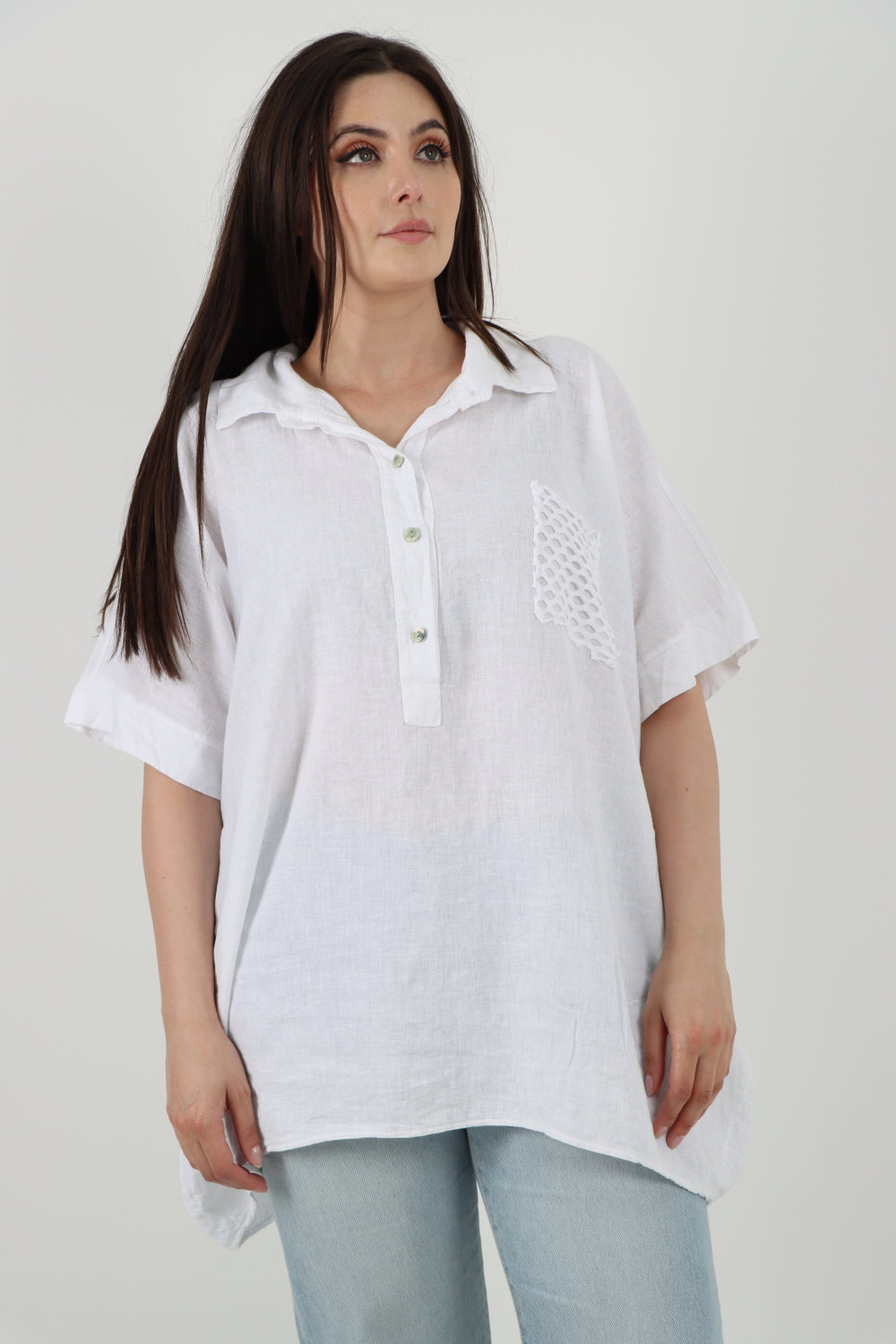 ITALIAN MESH NET POCKET COLLARED NECK LINEN TUNIC TOP