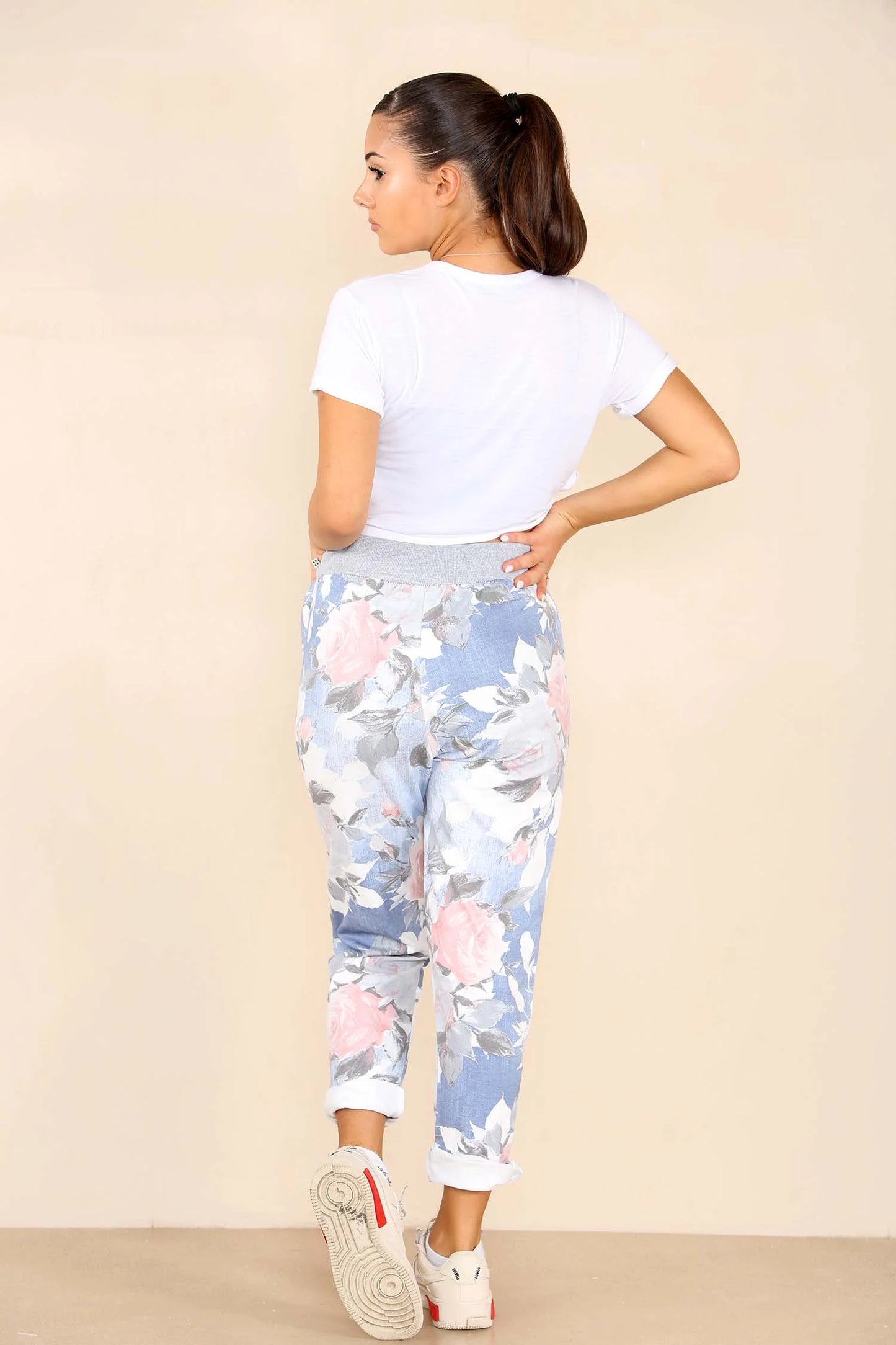 Italian Rose Flower Print Drawstring Cotton Joggers