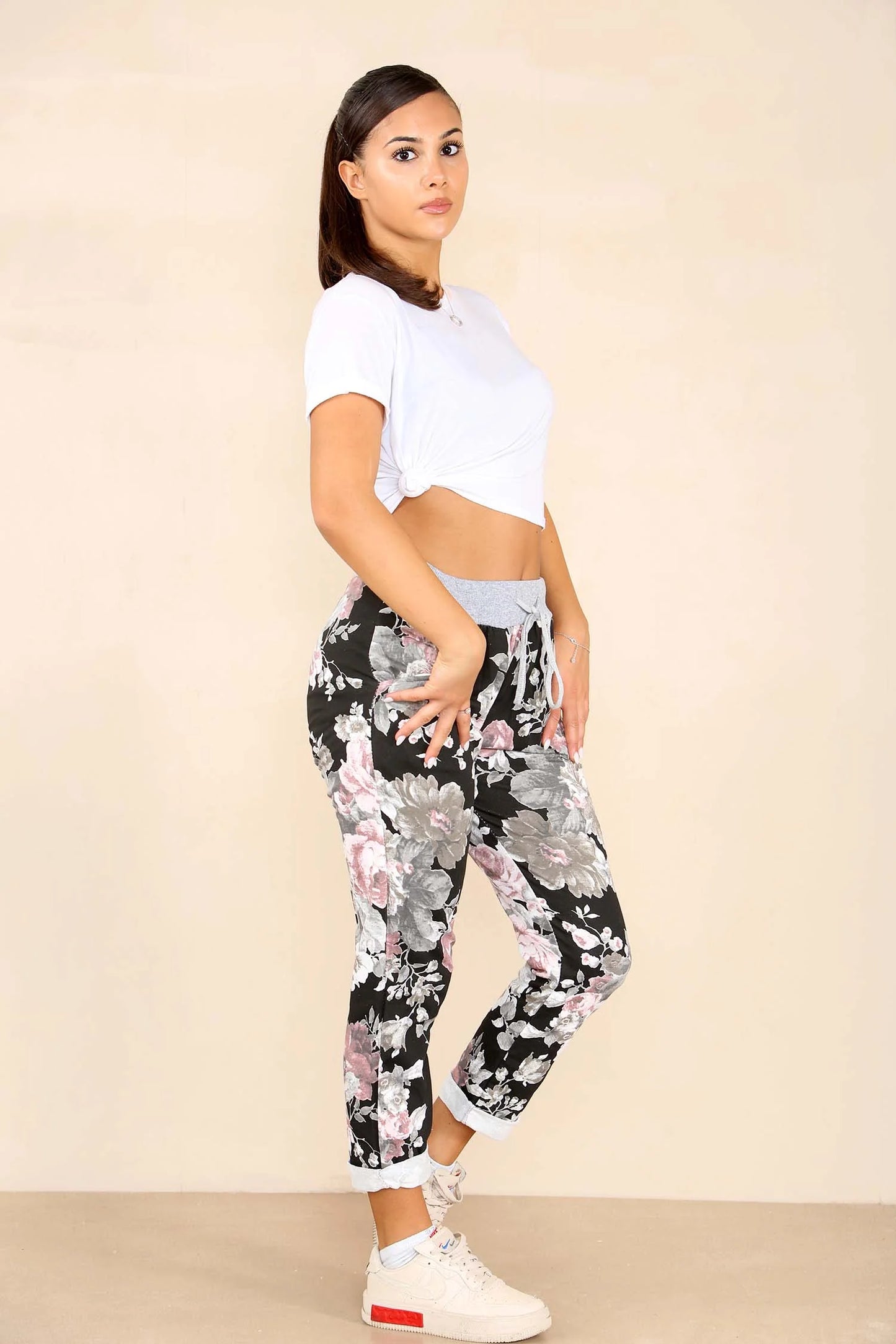 Italian Floral Print Drawstring Cotton Joggers