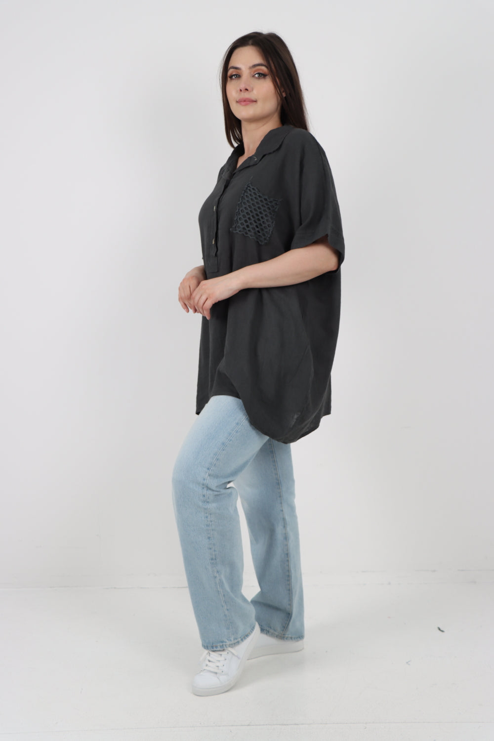 ITALIAN MESH NET POCKET COLLARED NECK LINEN TUNIC TOP