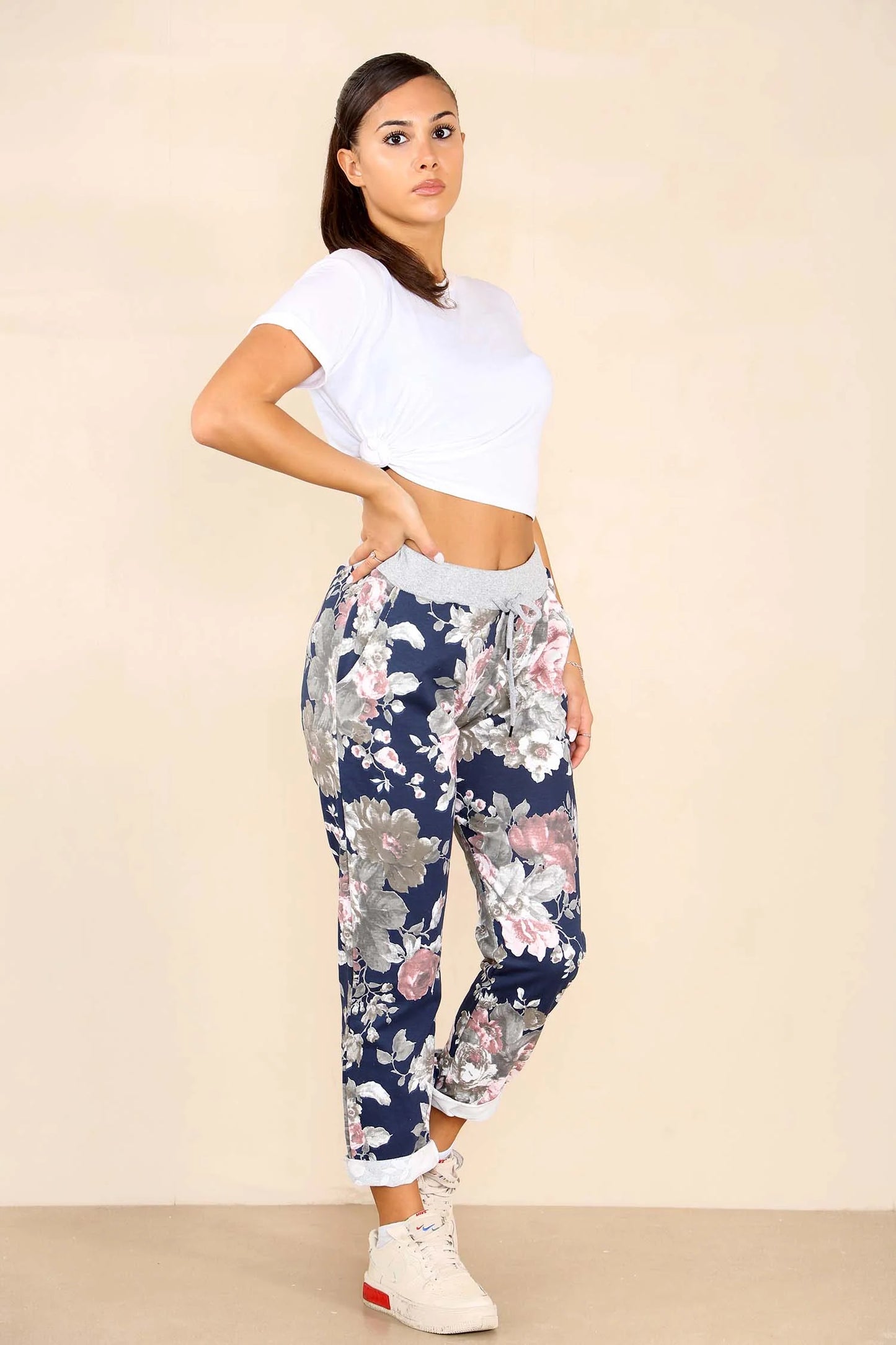 Italian Floral Print Drawstring Cotton Joggers