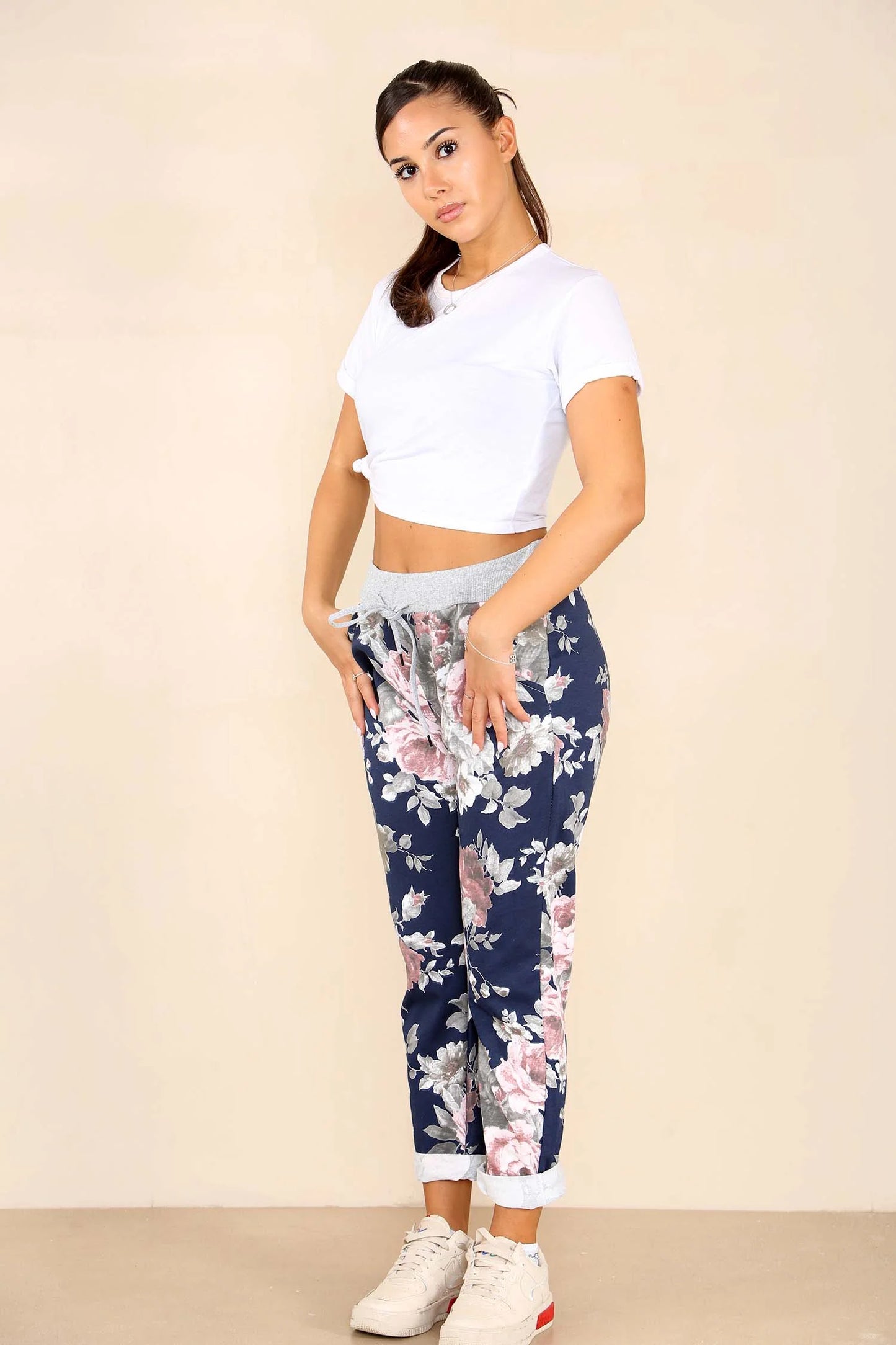 Italian Floral Print Drawstring Cotton Joggers