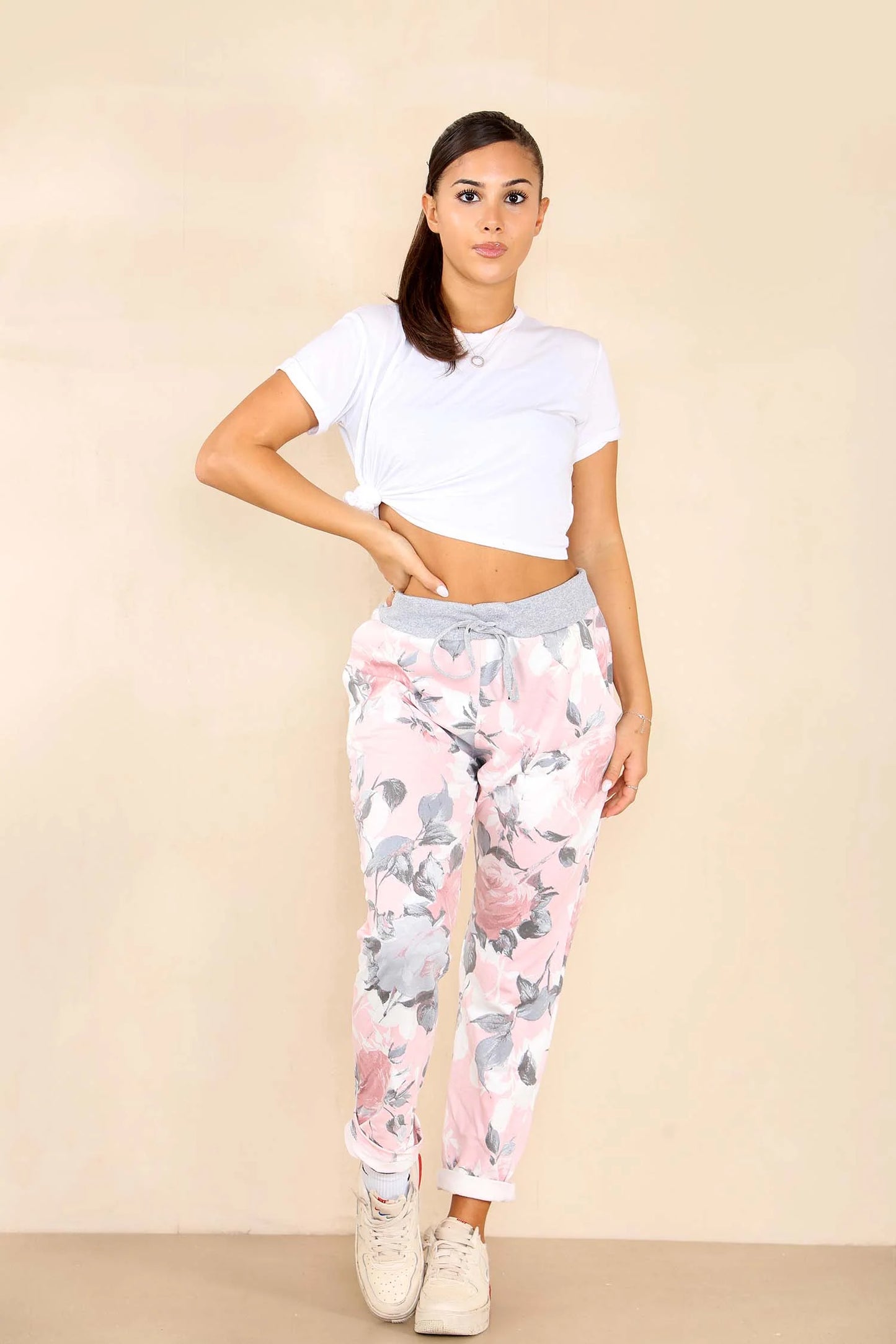 Italian Rose Flower Print Drawstring Cotton Joggers