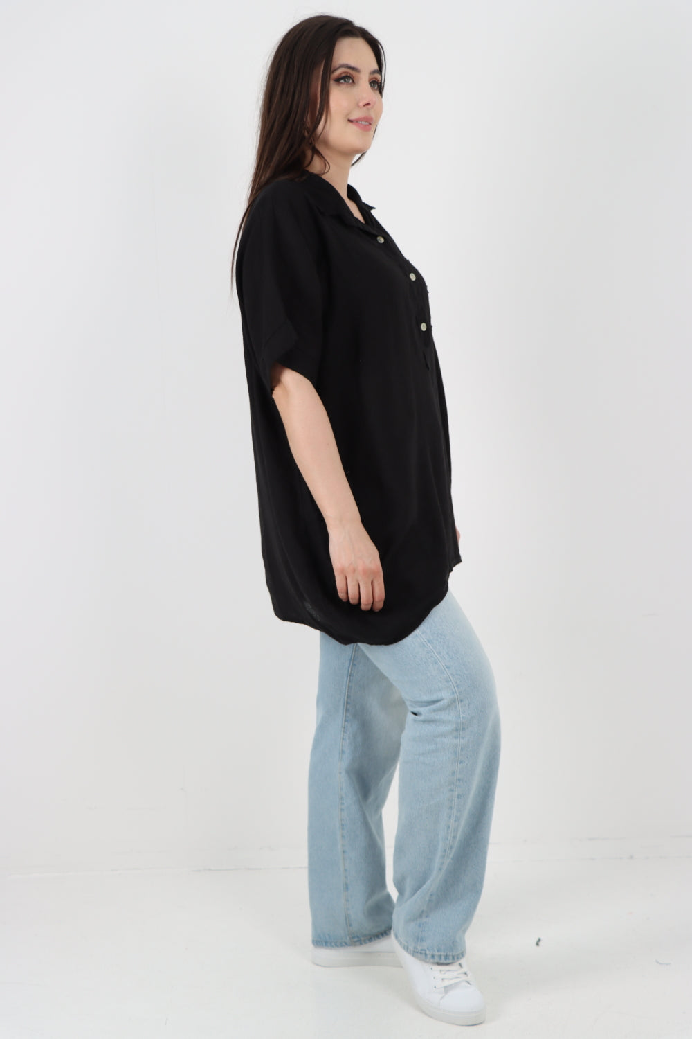 ITALIAN MESH NET POCKET COLLARED NECK LINEN TUNIC TOP