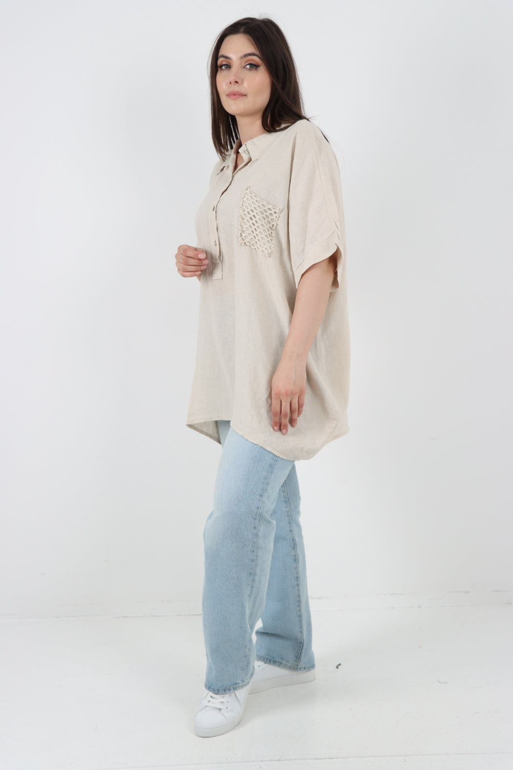 ITALIAN MESH NET POCKET COLLARED NECK LINEN TUNIC TOP