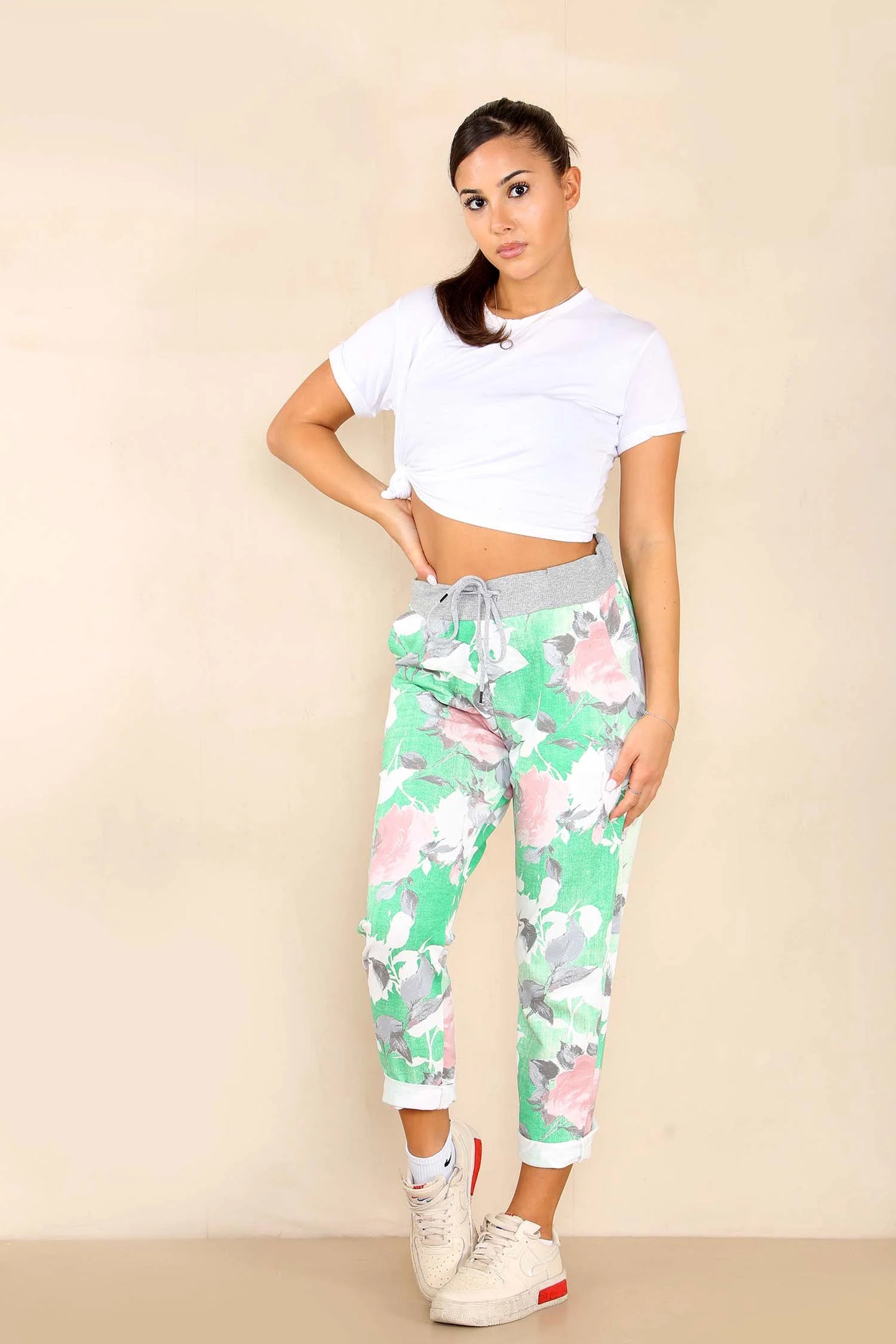 Italian Rose Flower Print Drawstring Cotton Joggers