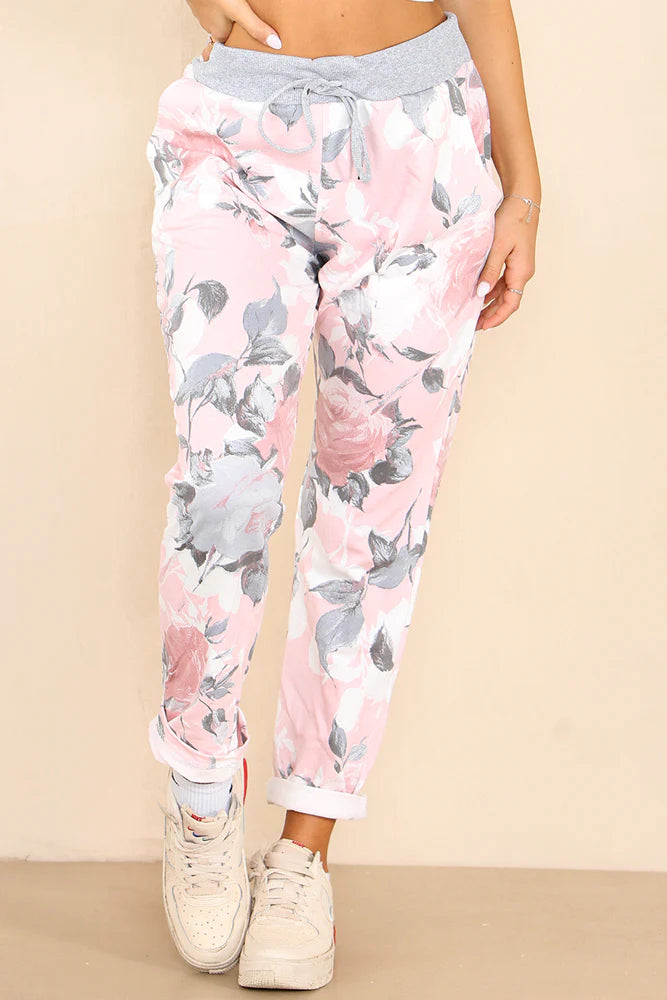 Italian Rose Flower Print Drawstring Cotton Joggers