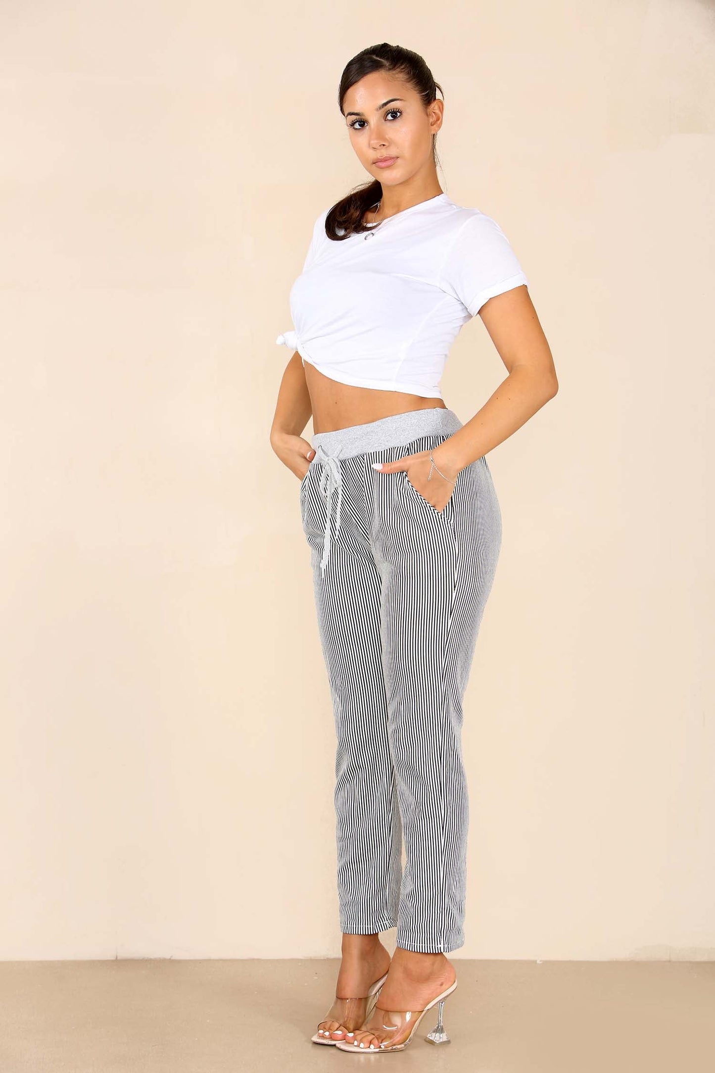 Italian Thin Stripes Print Drawstring Cotton Joggers