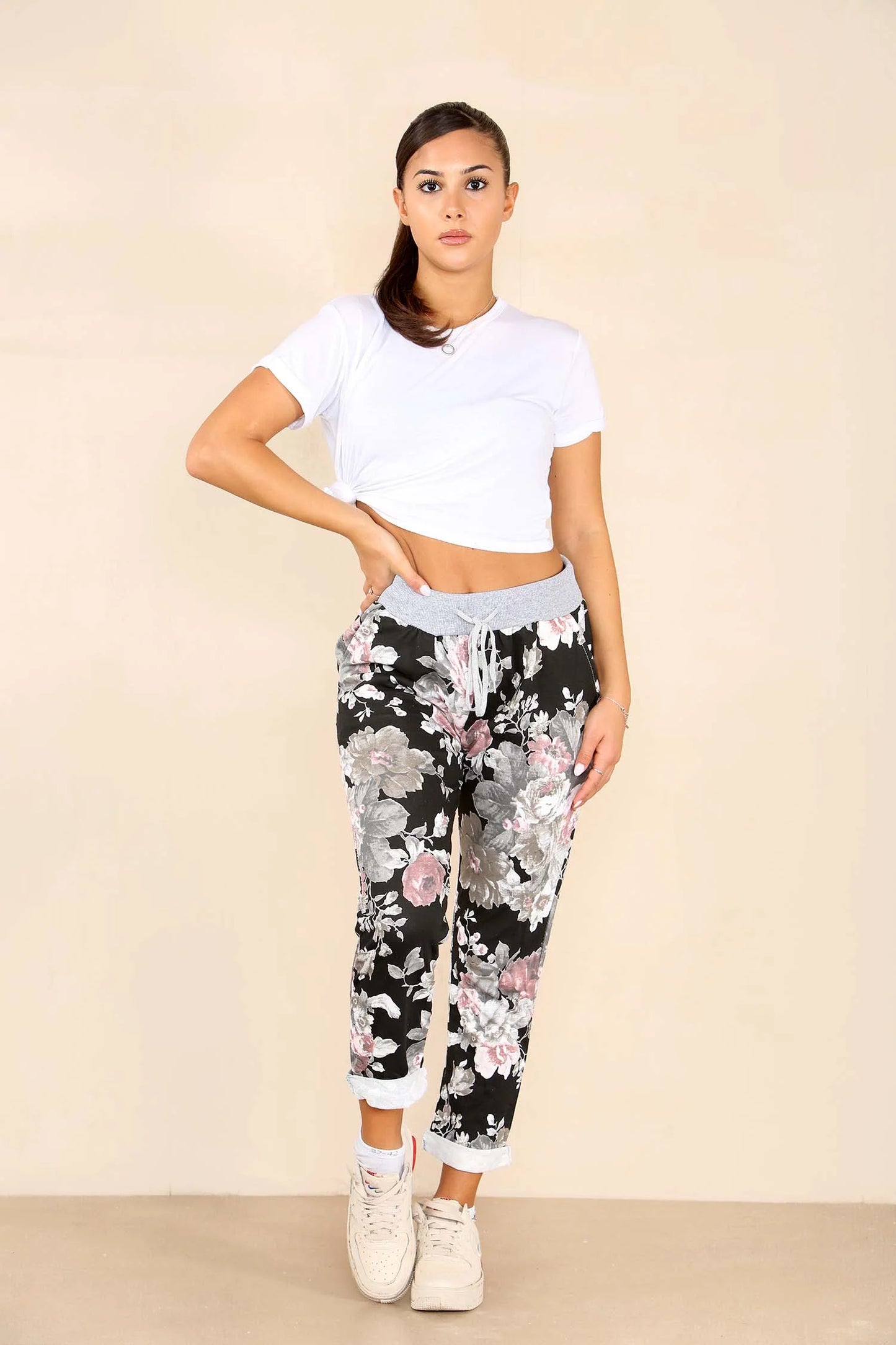 Italian Floral Print Drawstring Cotton Joggers
