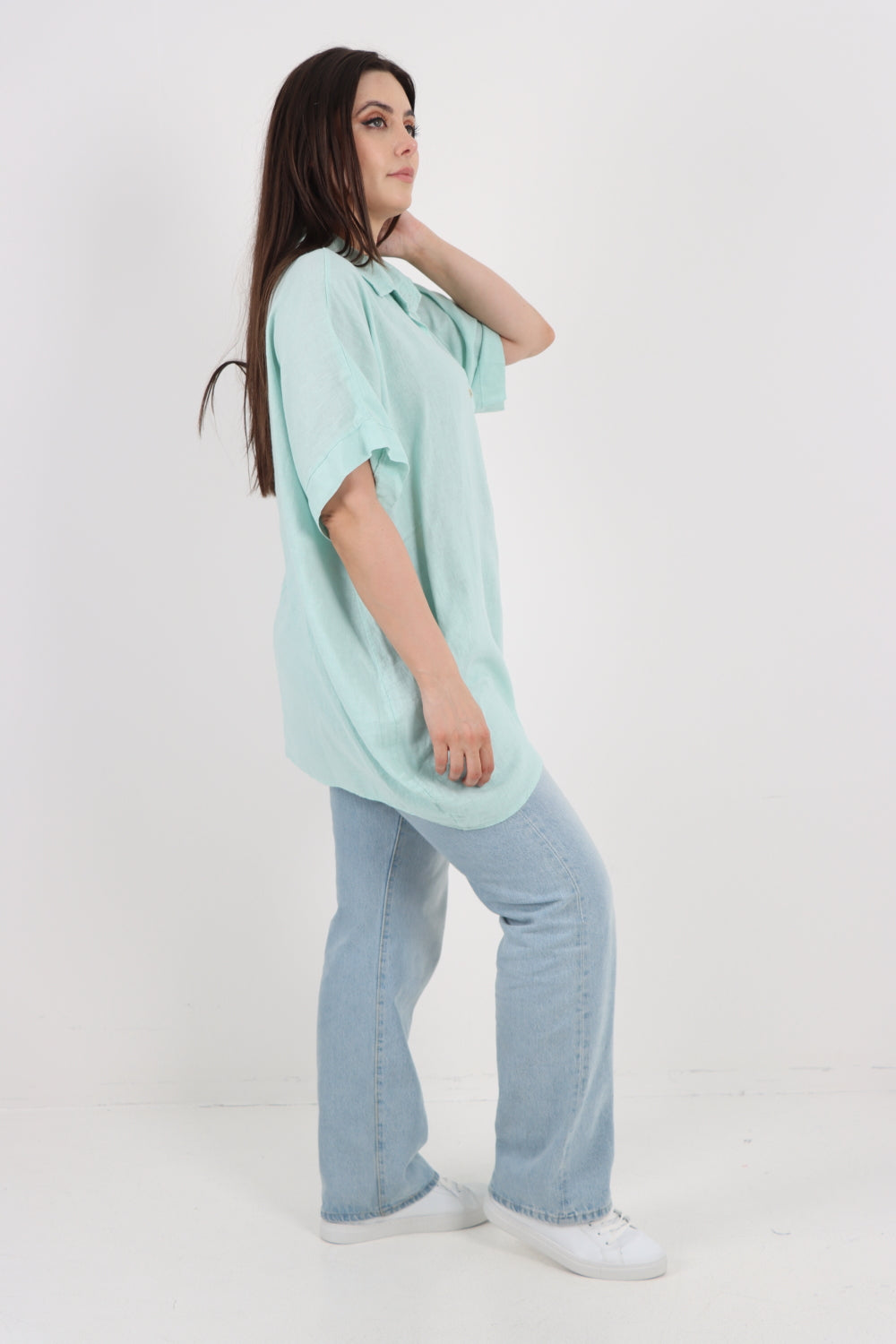 ITALIAN MESH NET POCKET COLLARED NECK LINEN TUNIC TOP