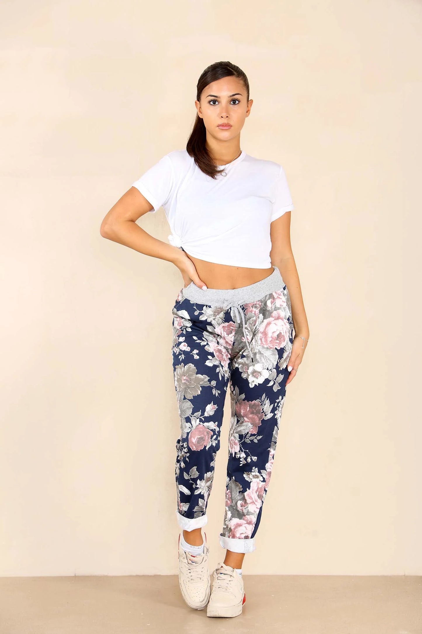 Italian Floral Print Drawstring Cotton Joggers