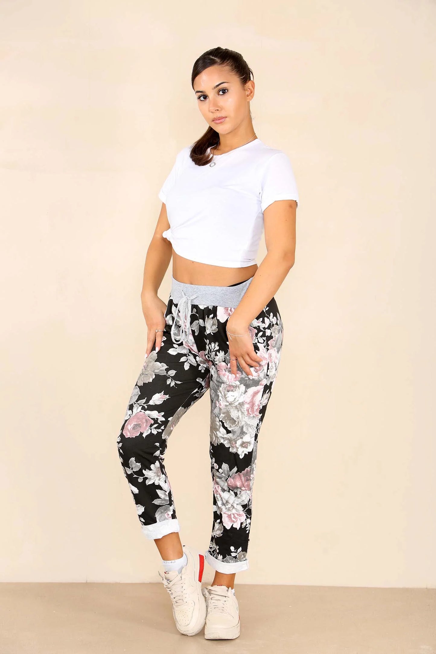 Italian Floral Print Drawstring Cotton Joggers