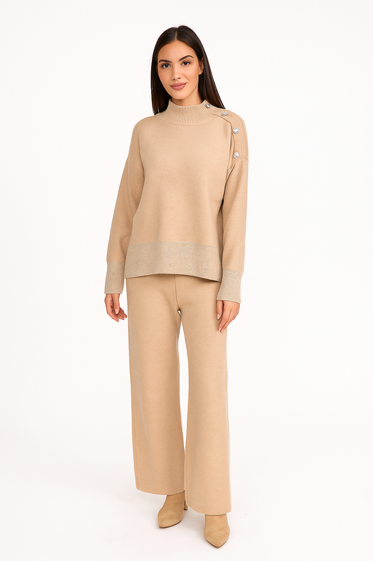 Women’s Two-Piece Knit Set with Side Buttons – Beige”