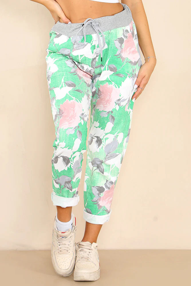 Italian Rose Flower Print Drawstring Cotton Joggers