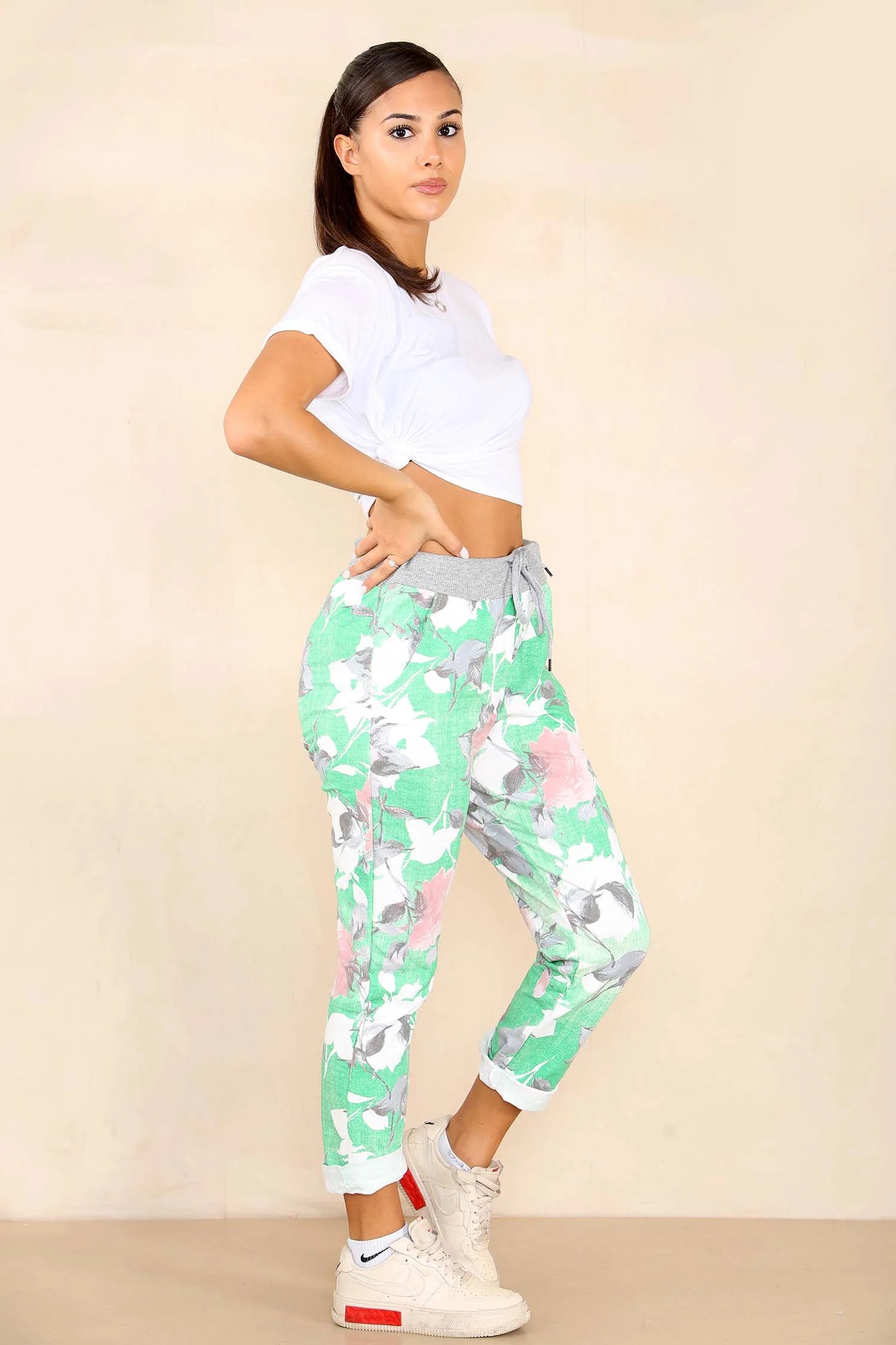 Italian Rose Flower Print Drawstring Cotton Joggers