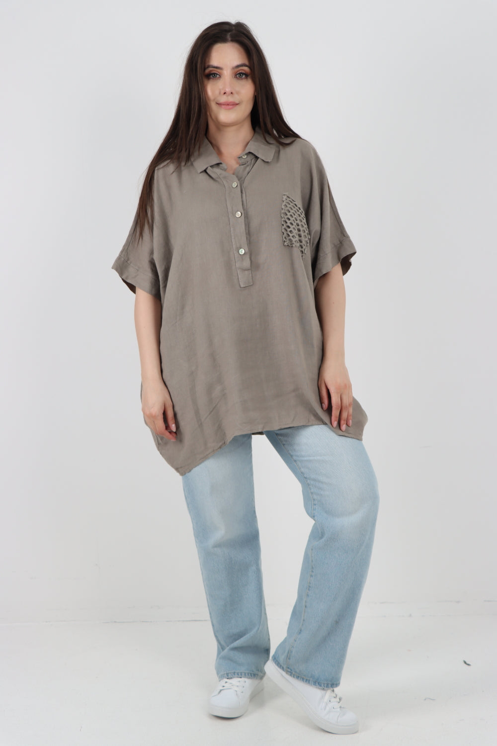 ITALIAN MESH NET POCKET COLLARED NECK LINEN TUNIC TOP