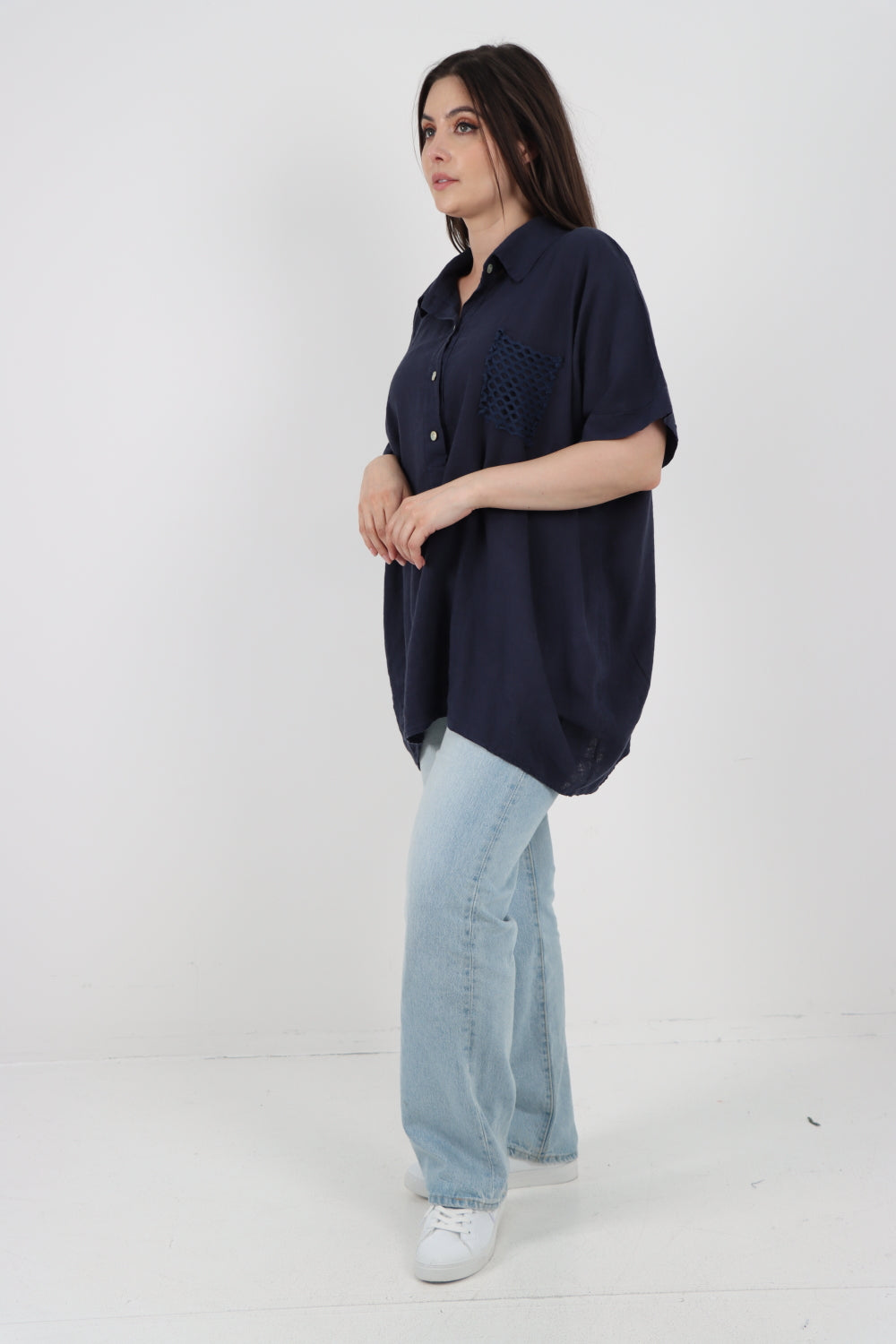 ITALIAN MESH NET POCKET COLLARED NECK LINEN TUNIC TOP