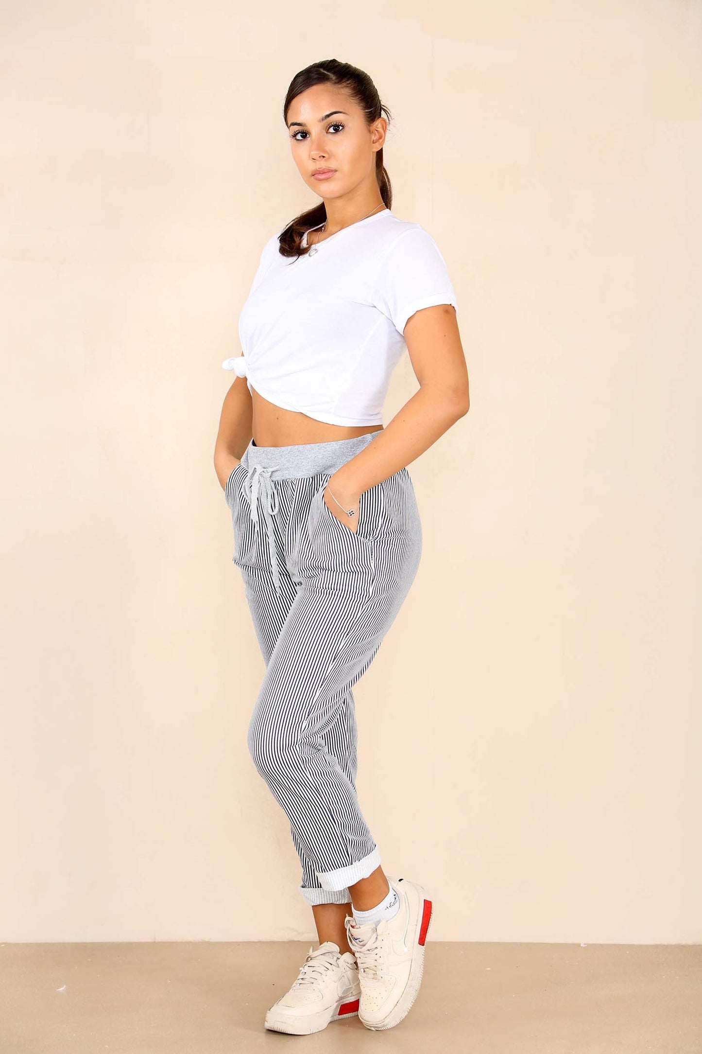 Italian Thin Stripes Print Drawstring Cotton Joggers