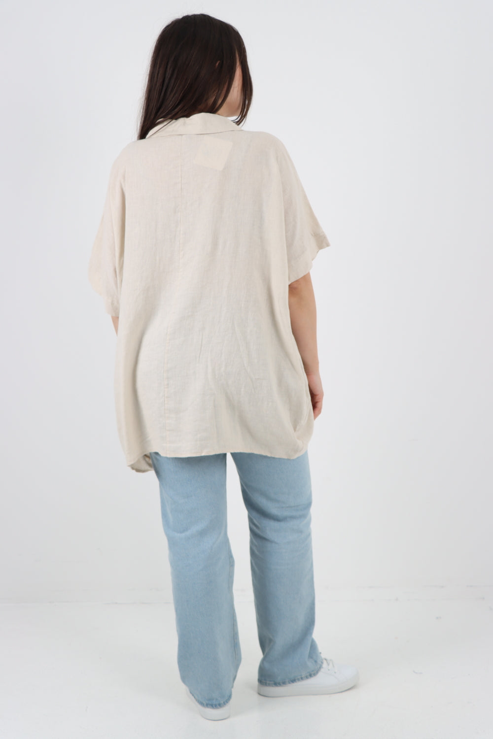ITALIAN MESH NET POCKET COLLARED NECK LINEN TUNIC TOP