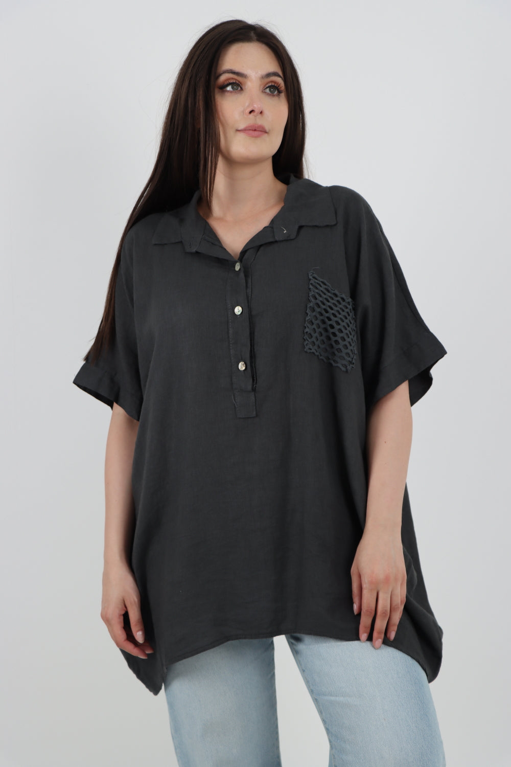 ITALIAN MESH NET POCKET COLLARED NECK LINEN TUNIC TOP