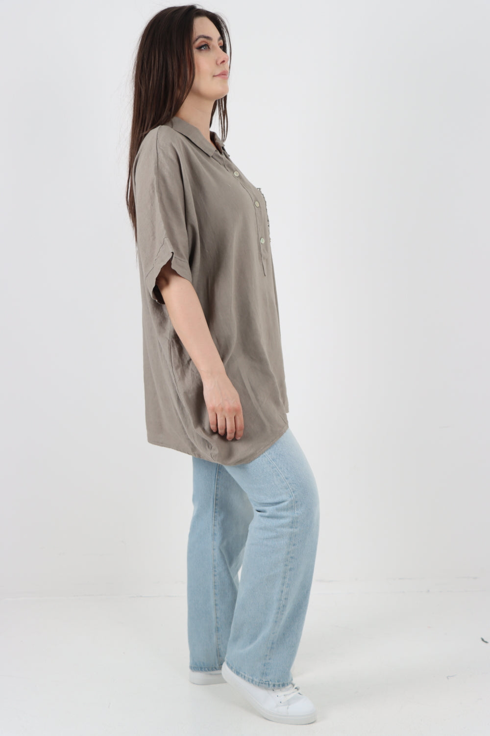 ITALIAN MESH NET POCKET COLLARED NECK LINEN TUNIC TOP