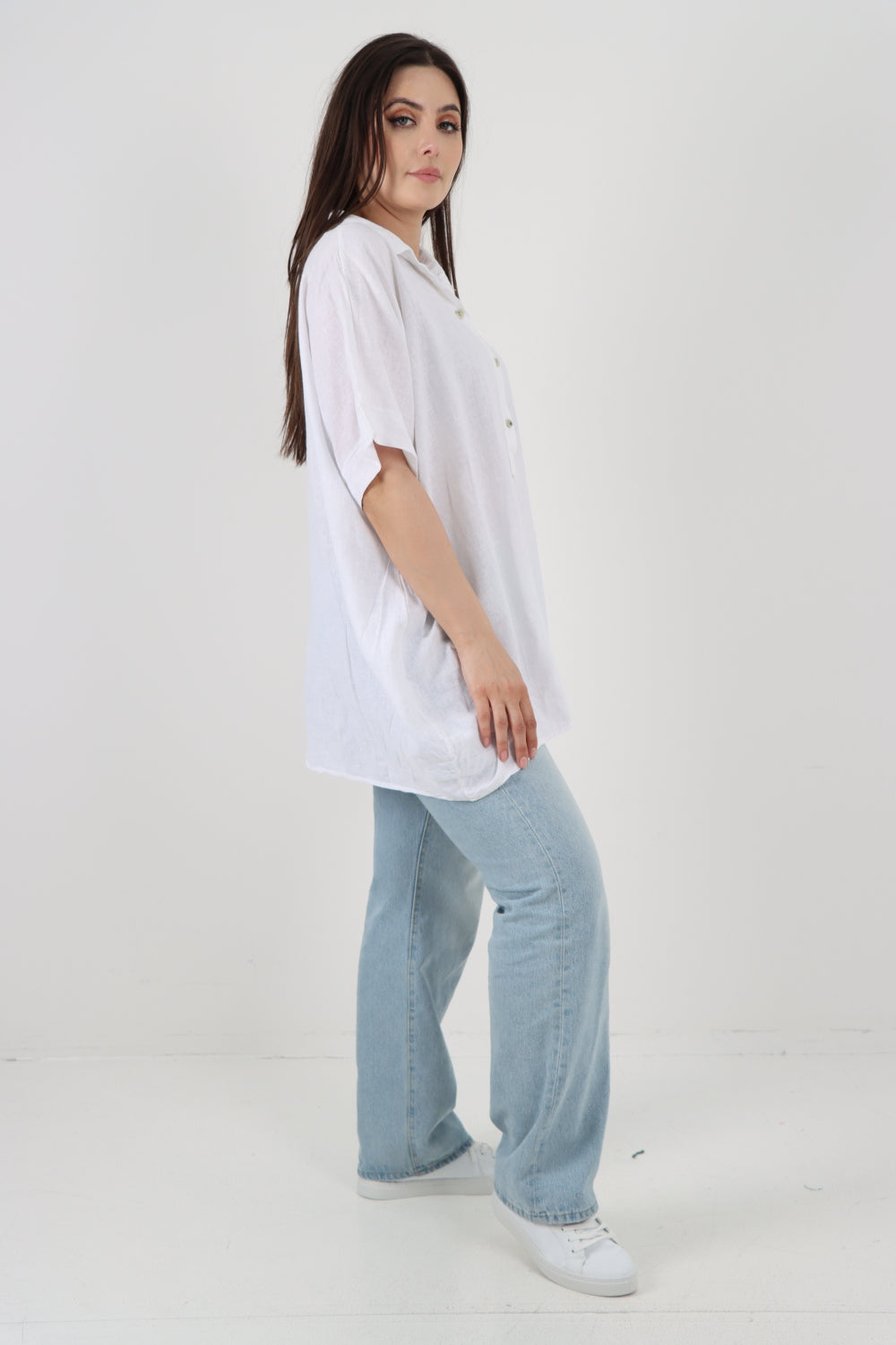 ITALIAN MESH NET POCKET COLLARED NECK LINEN TUNIC TOP