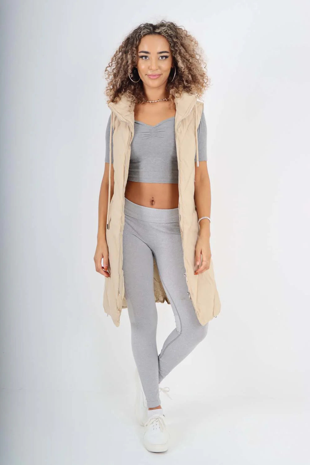 Italian Padded Pockets Hooded Zip up Long Gilet