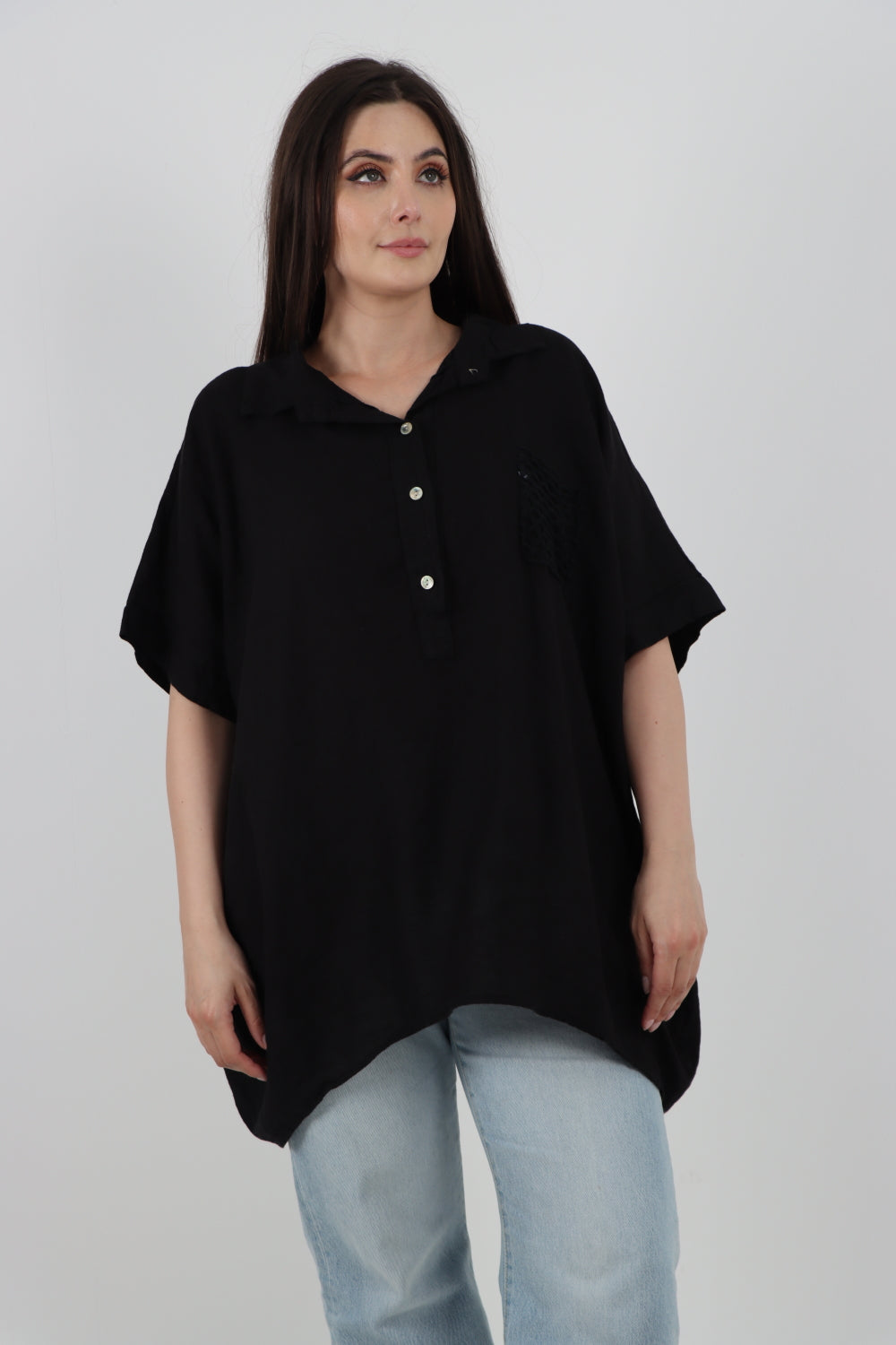 ITALIAN MESH NET POCKET COLLARED NECK LINEN TUNIC TOP